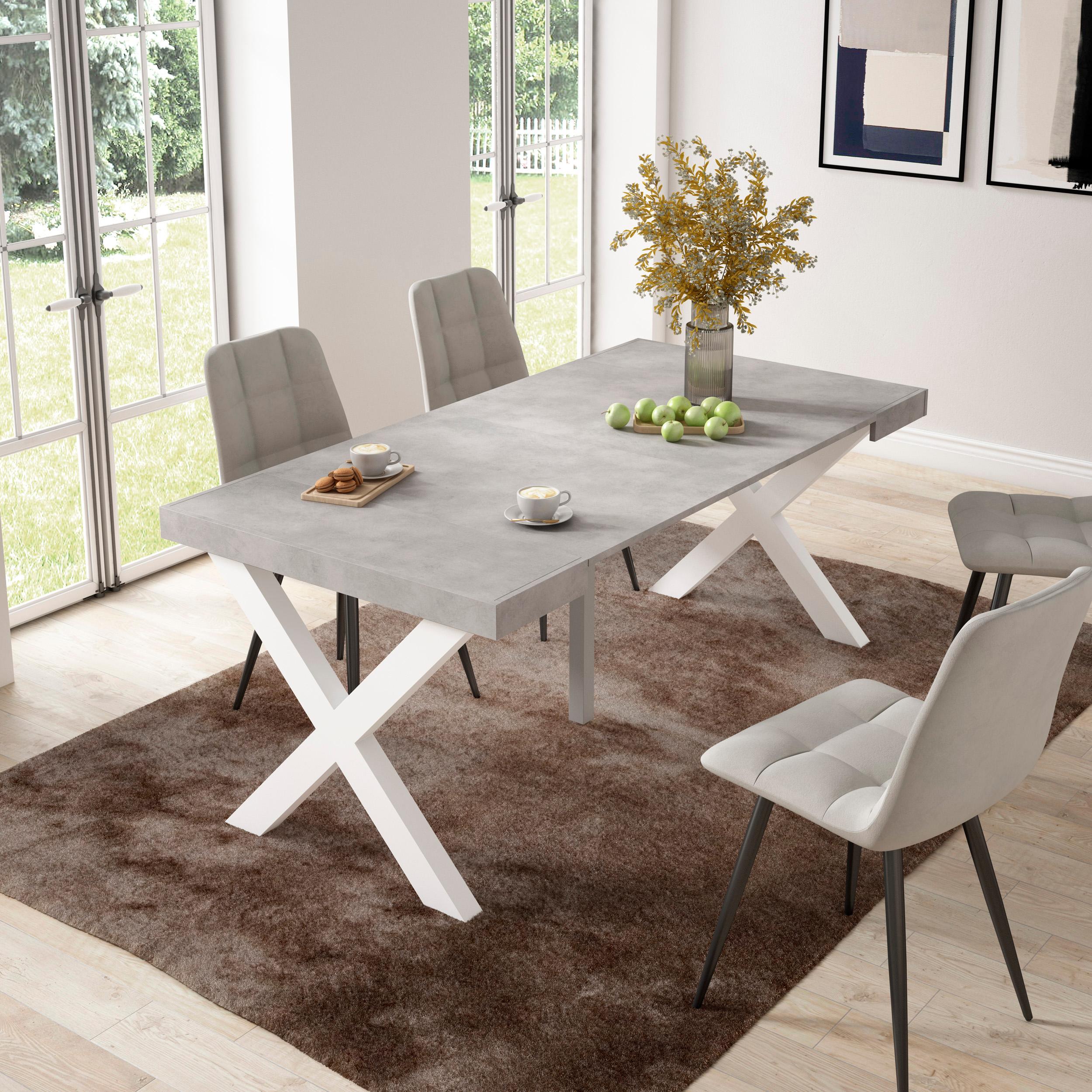 Table console extensible blanche & ciment 180 cm – Jusqu’à 8 personnes – Pieds en bois massif blancs en croix