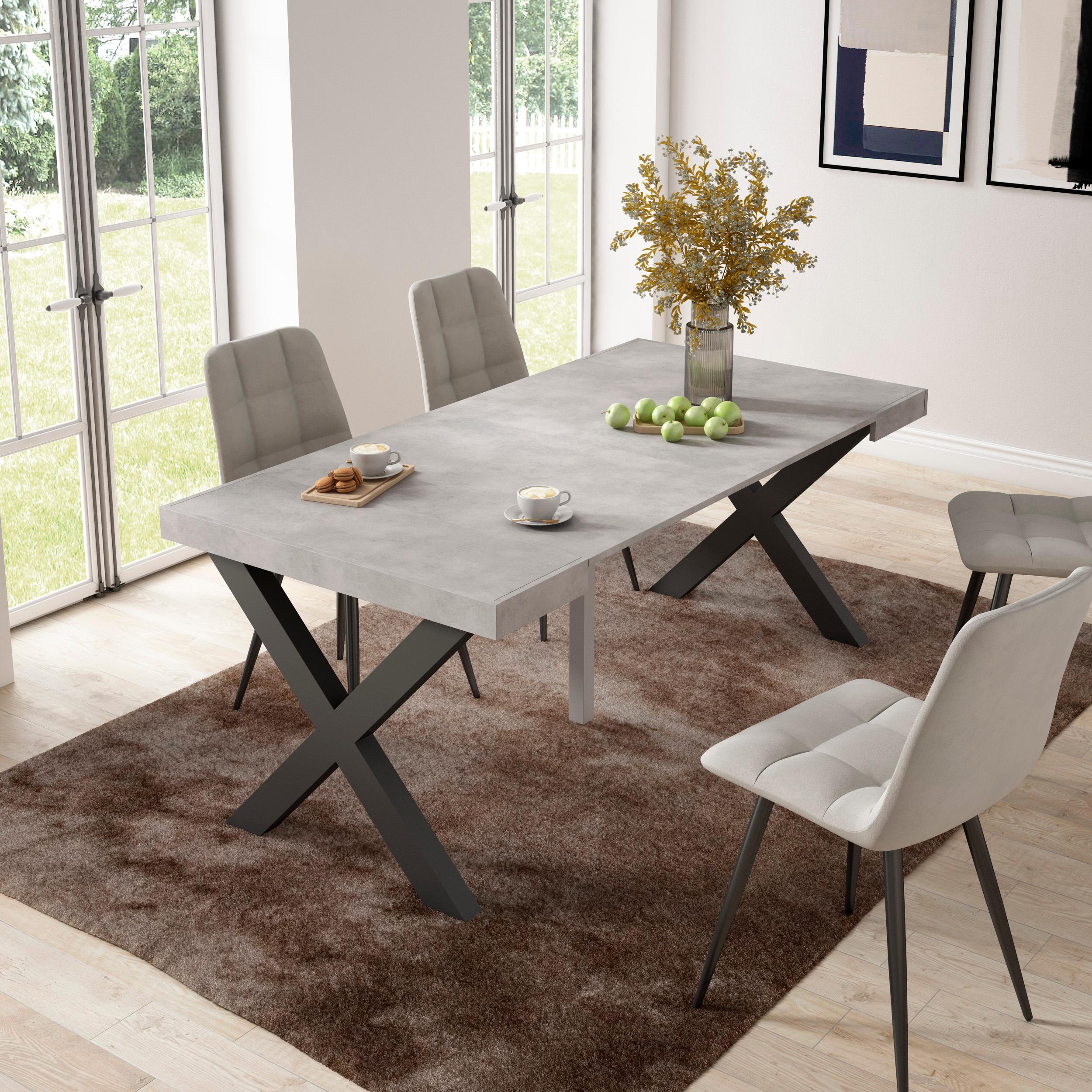 Table console extensible blanche & ciment 180 cm – Jusqu’à 8 personnes – Pieds en bois massif noirs en croix