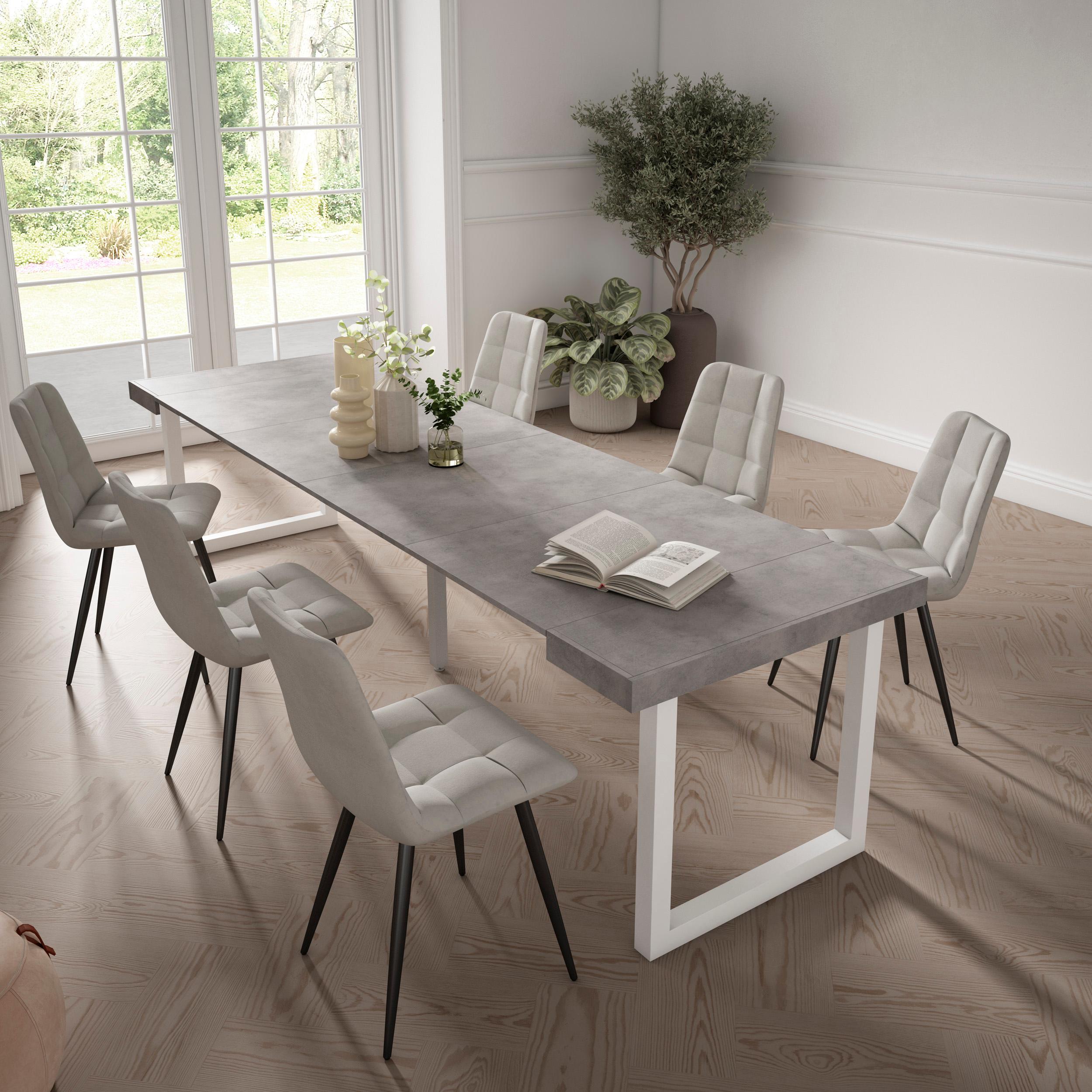Table console extensible ciment 300 cm – Jusqu’à 14 personnes – Pieds en bois massif blancs en U