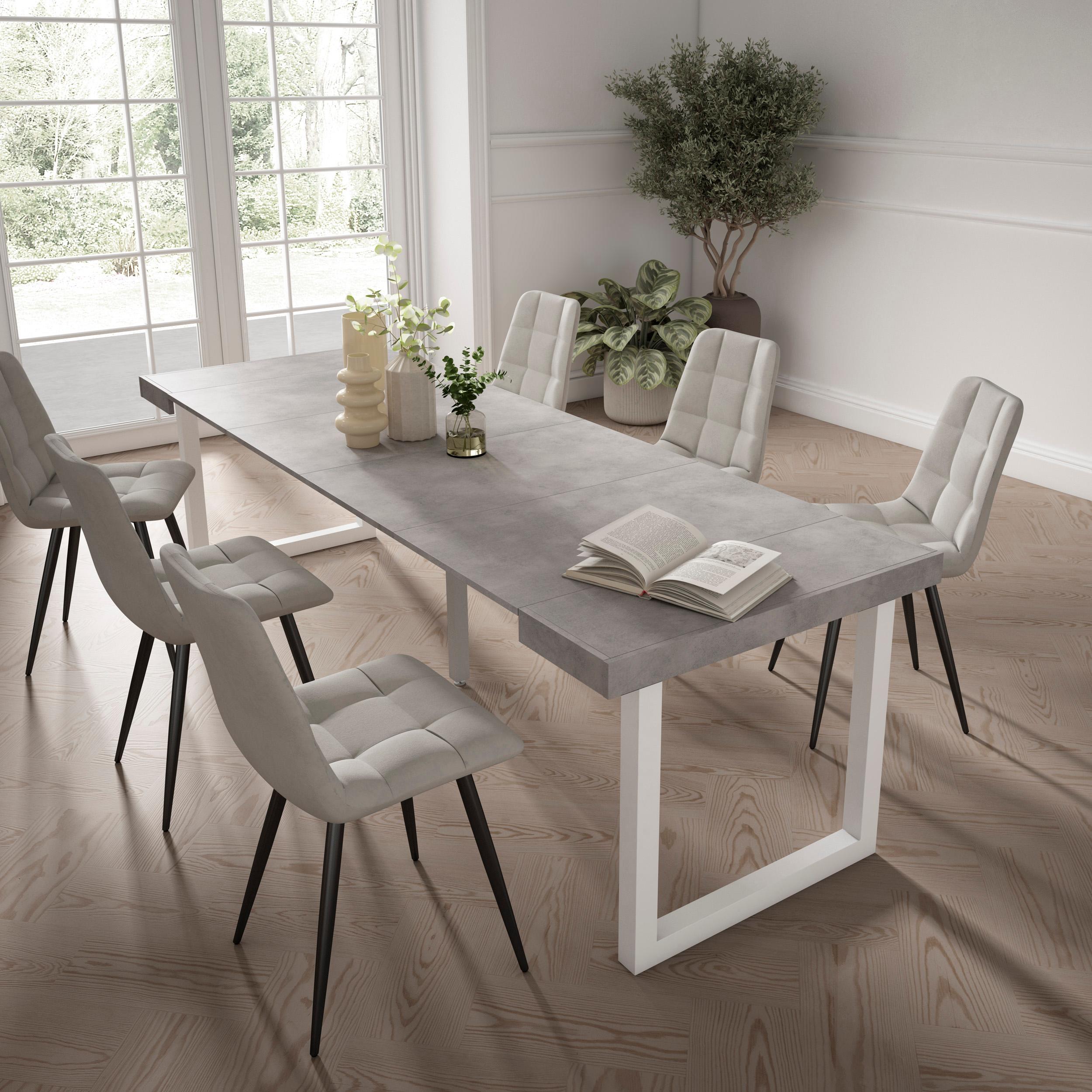 Table console extensible ciment 260 cm – Jusqu’à 12 personnes – Pieds en bois massif blancs en U