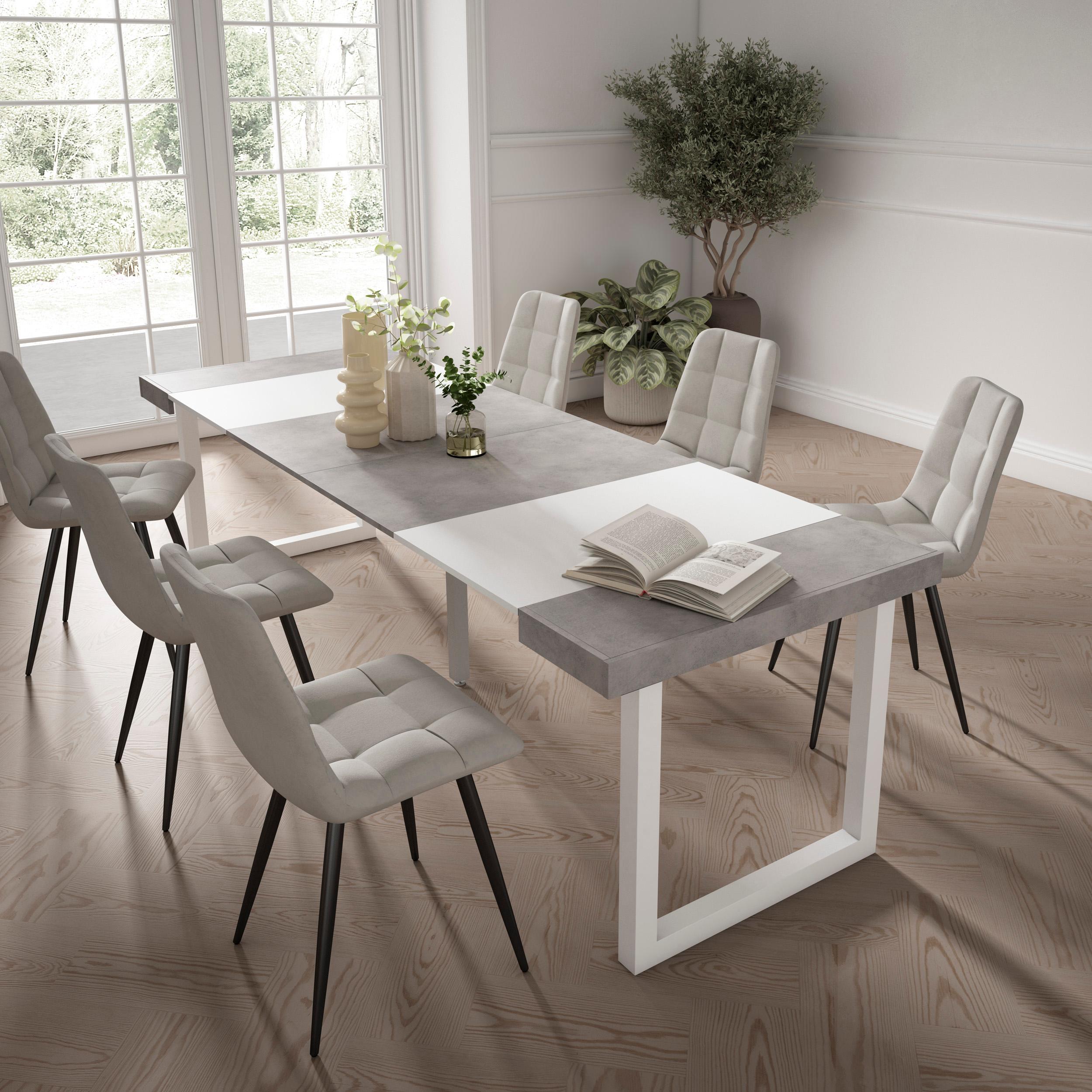 Table console extensible ciment & blanche 260 cm – Jusqu’à 12 personnes – Pieds en bois massif blancs en U
