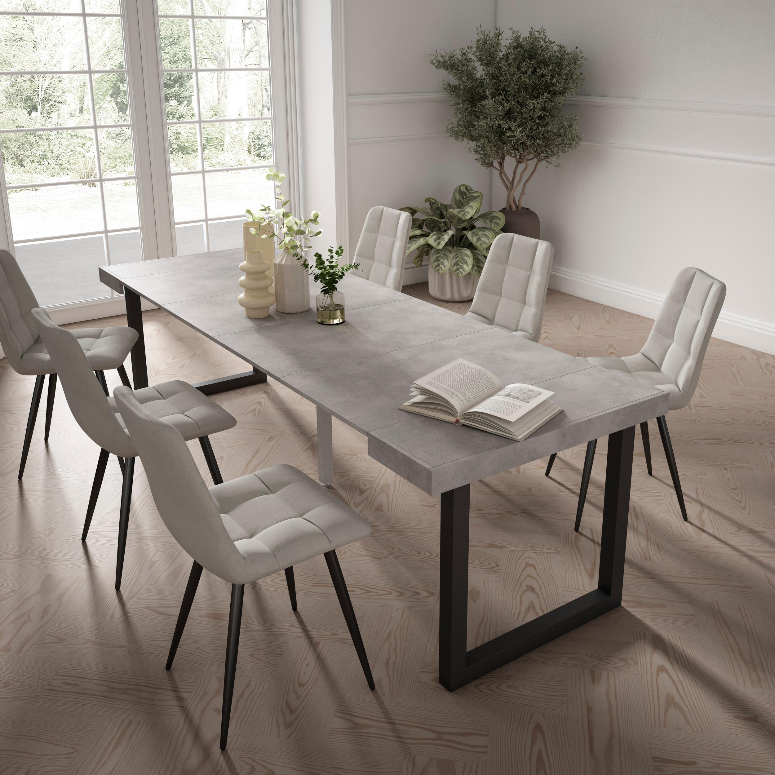 Table console extensible ciment 260 cm – Jusqu’à 12 personnes – Pieds en bois massif noirs en U