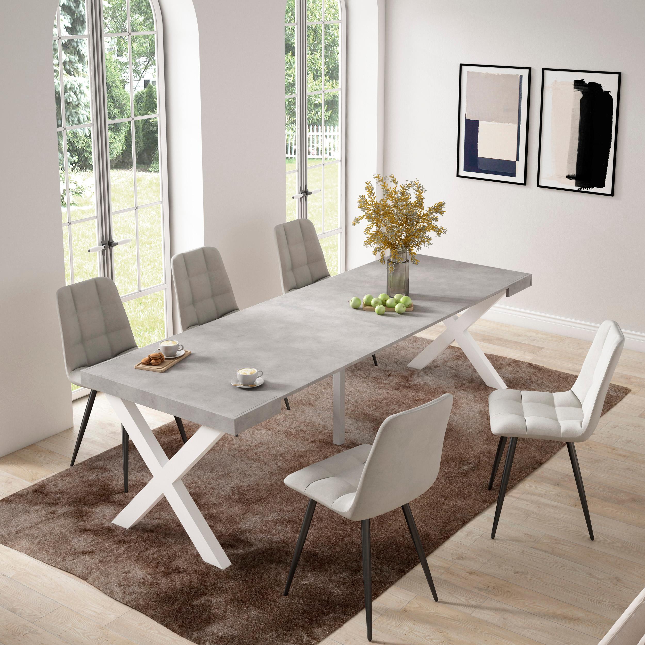 Table console extensible ciment 260 cm – Jusqu’à 12 personnes – Pieds en bois massif blancs en croix