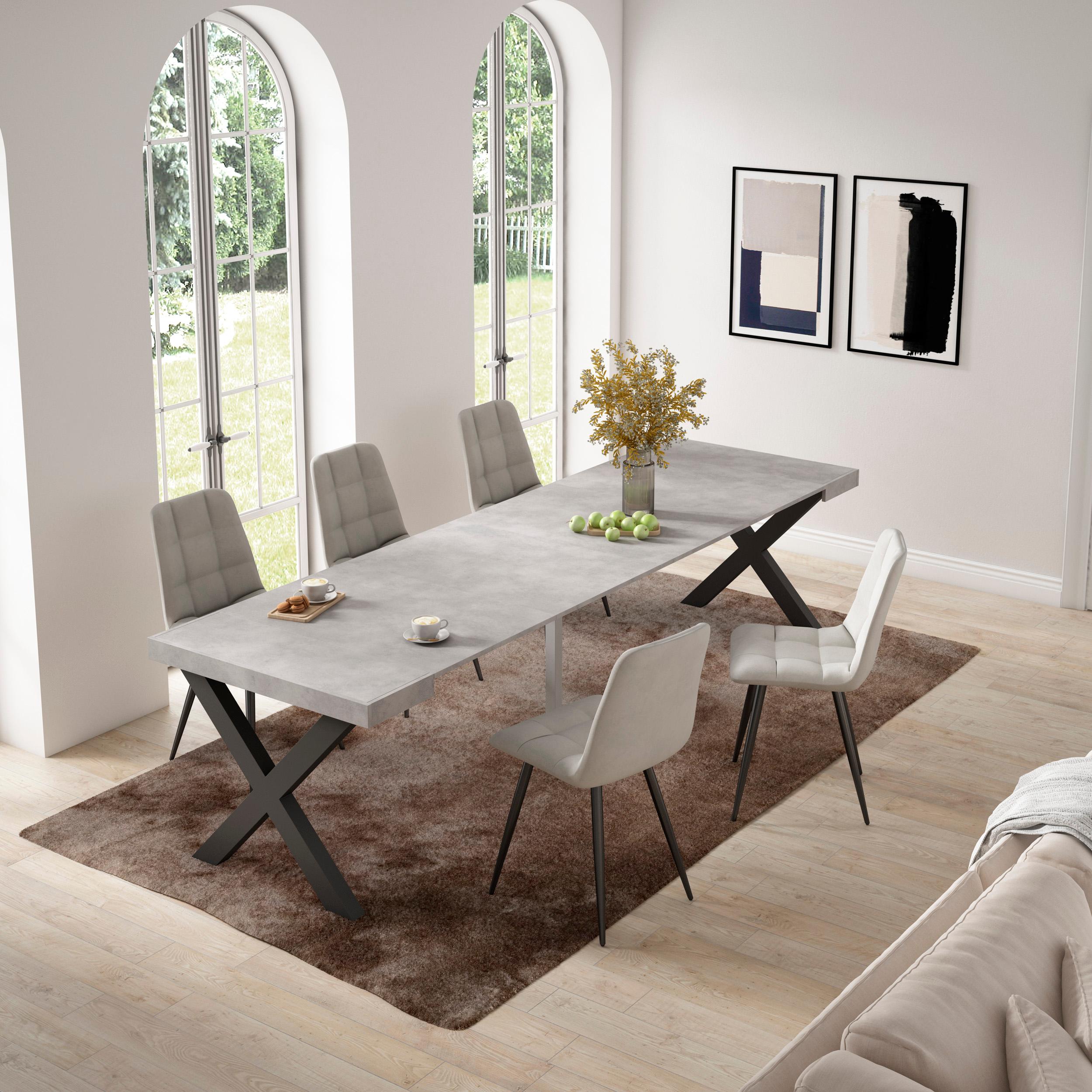 Table console extensible ciment 300 cm – Jusqu’à 14 personnes – Pieds en bois massif noirs en croix