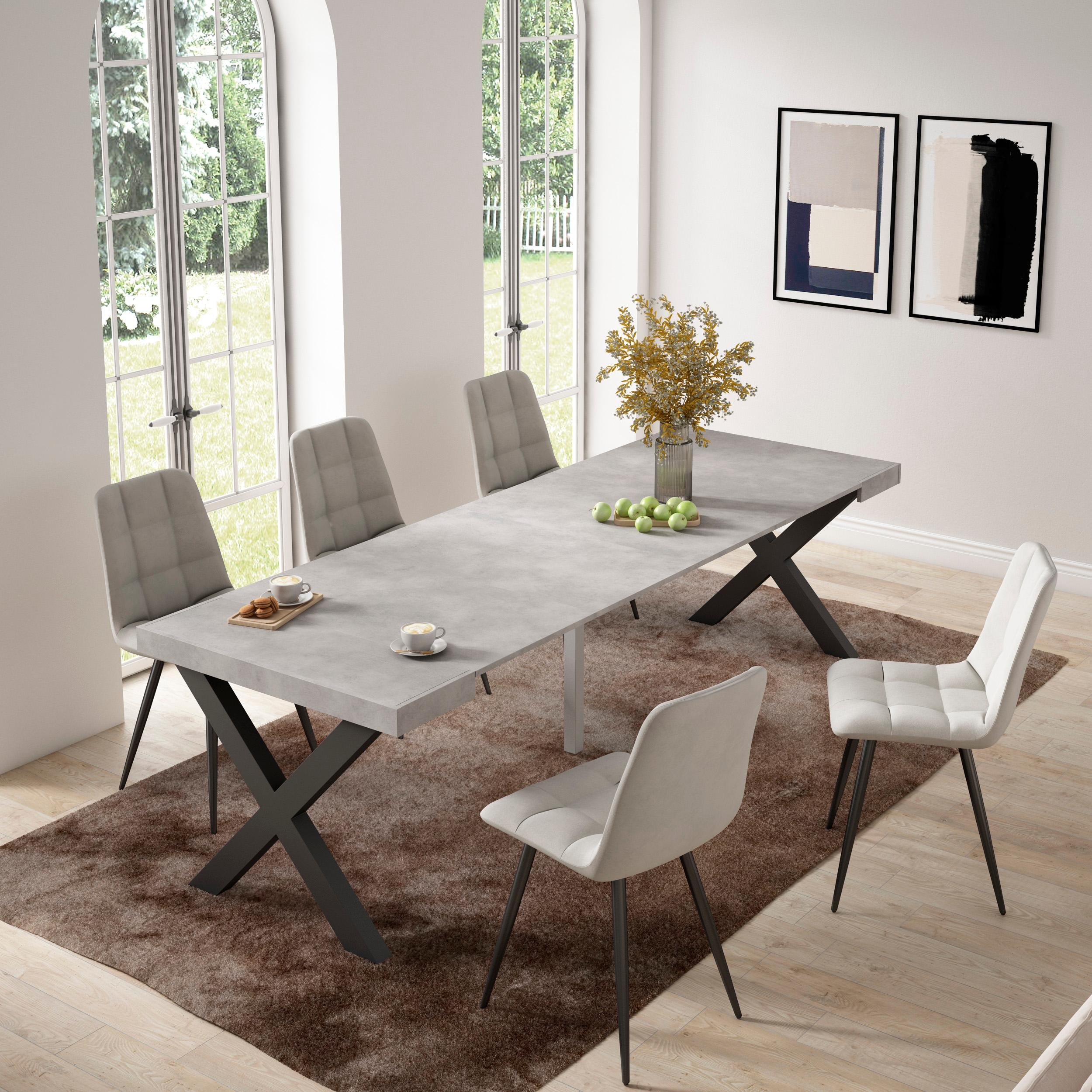 Table console extensible ciment 260 cm – Jusqu’à 12 personnes – Pieds en bois massif noirs en croix