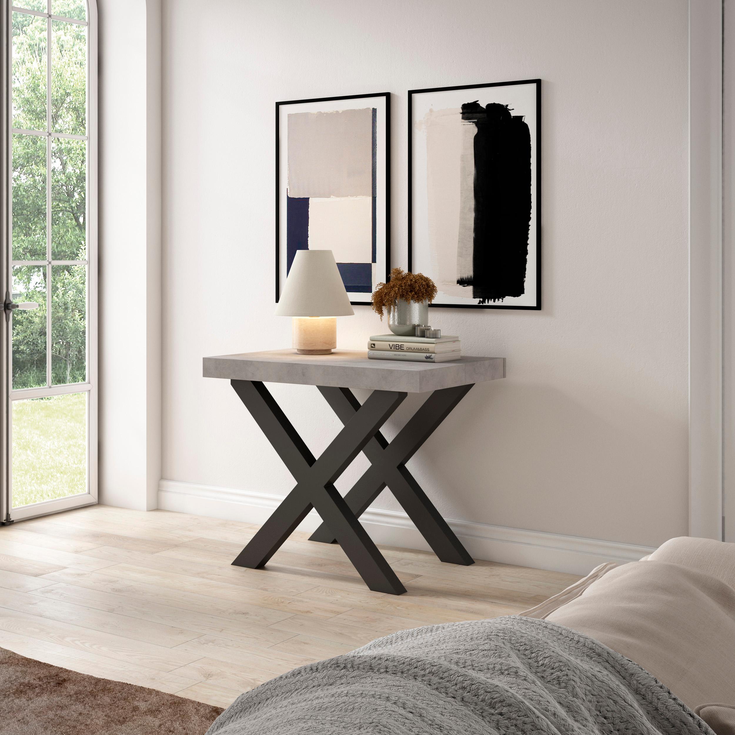 Table console extensible ciment 260 cm – Jusqu’à 12 personnes – Pieds en bois massif noirs en croix
