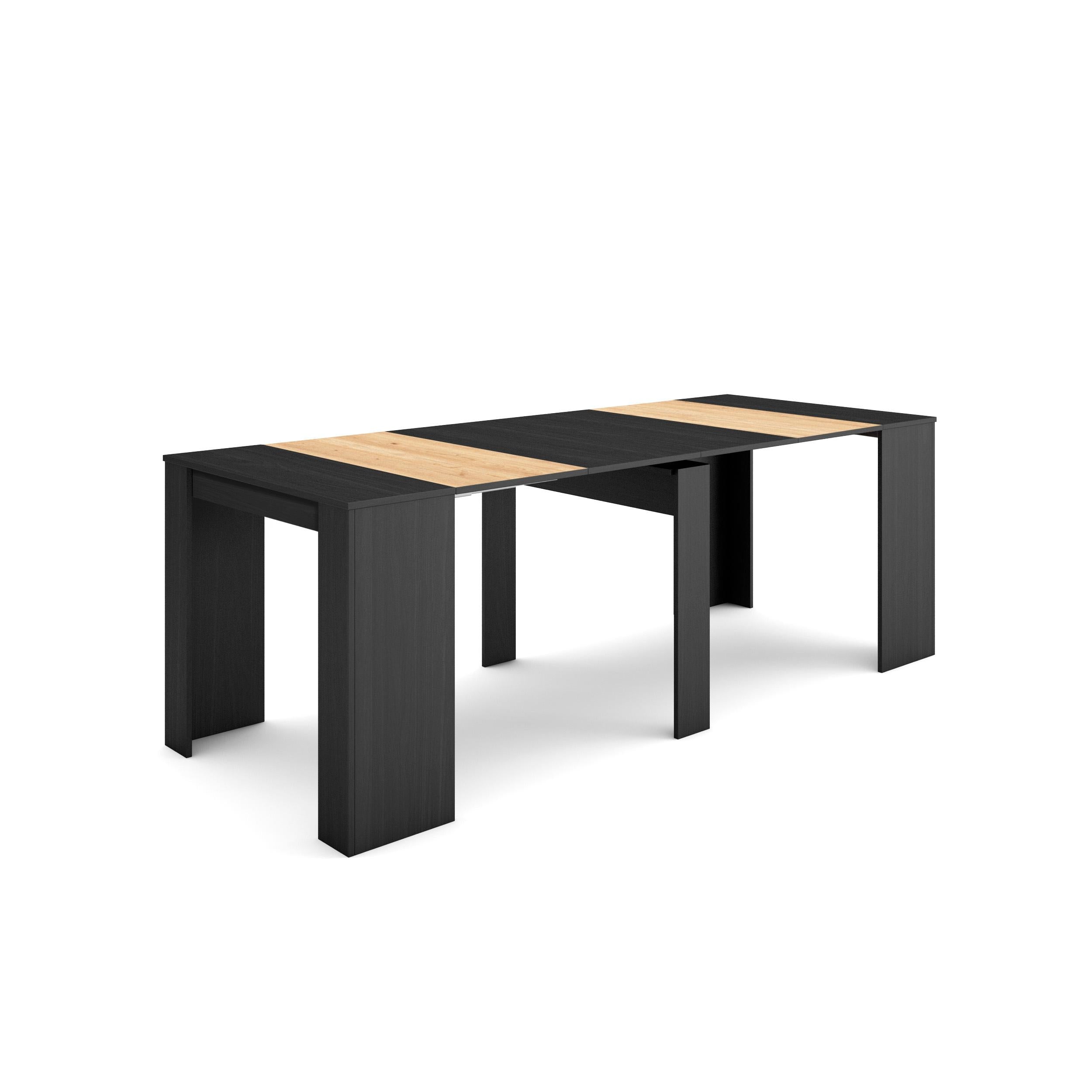 Table console extensible, 220, Pour 10 personnes, Noir et chêne