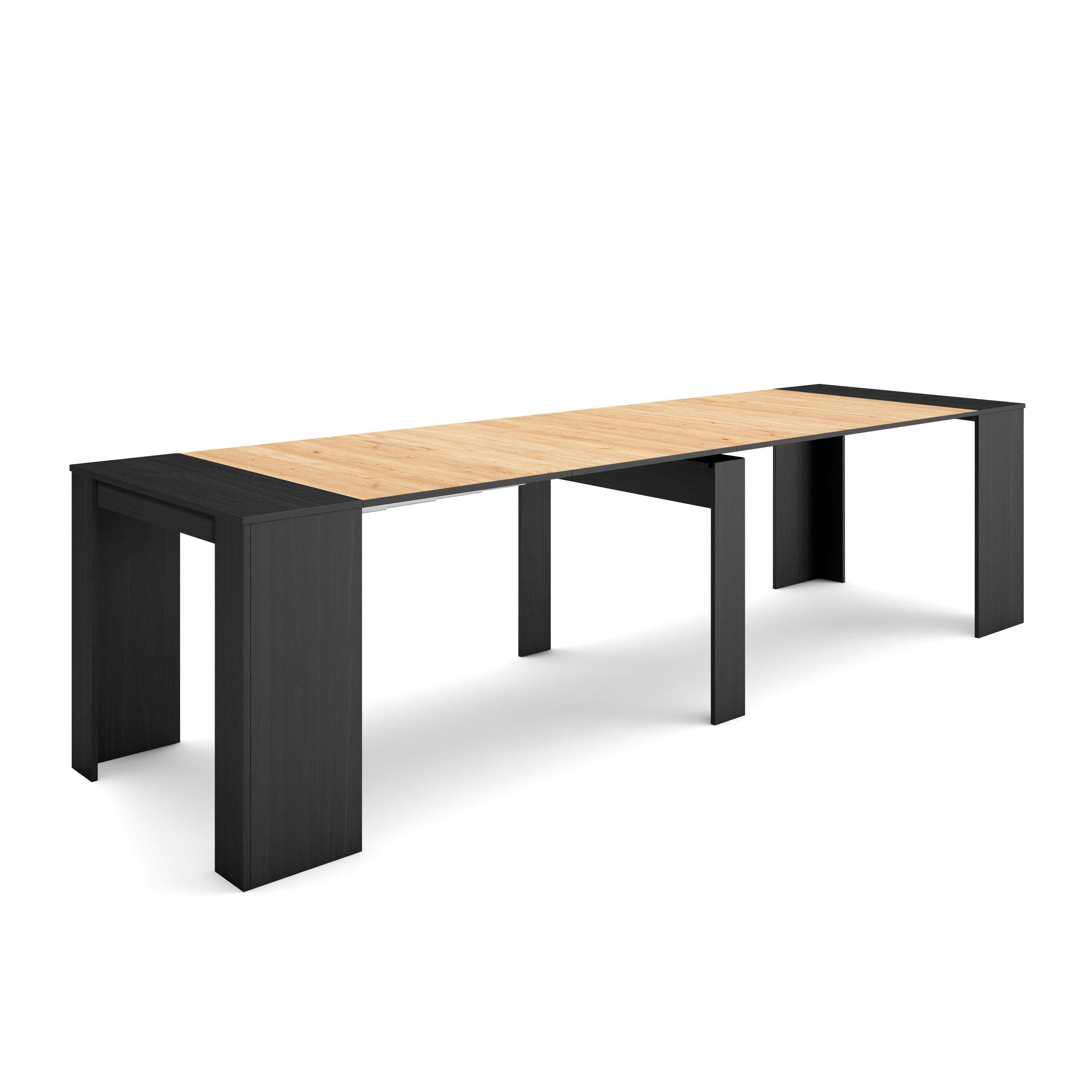 Table console extensible, 300, Pour 14 personnes, Noir et Chene