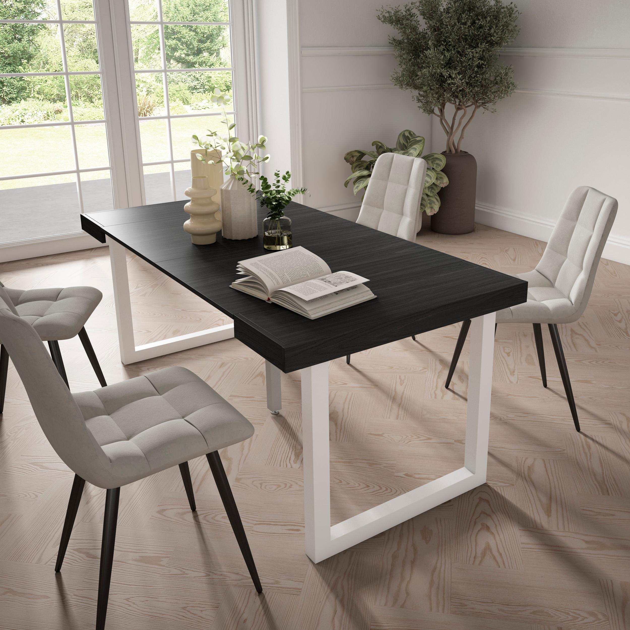 Table console extensible noire 180 cm – Jusqu’à 8 personnes – Pieds en bois massif blancs en U