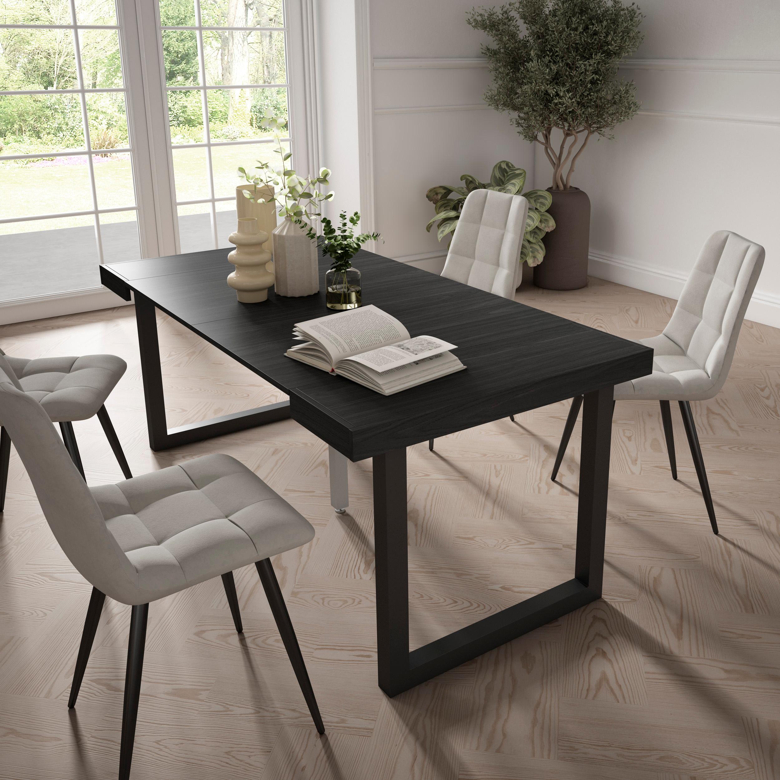 Table console extensible noire 180 cm – Jusqu’à 8 personnes – Pieds en bois massif noirs en U