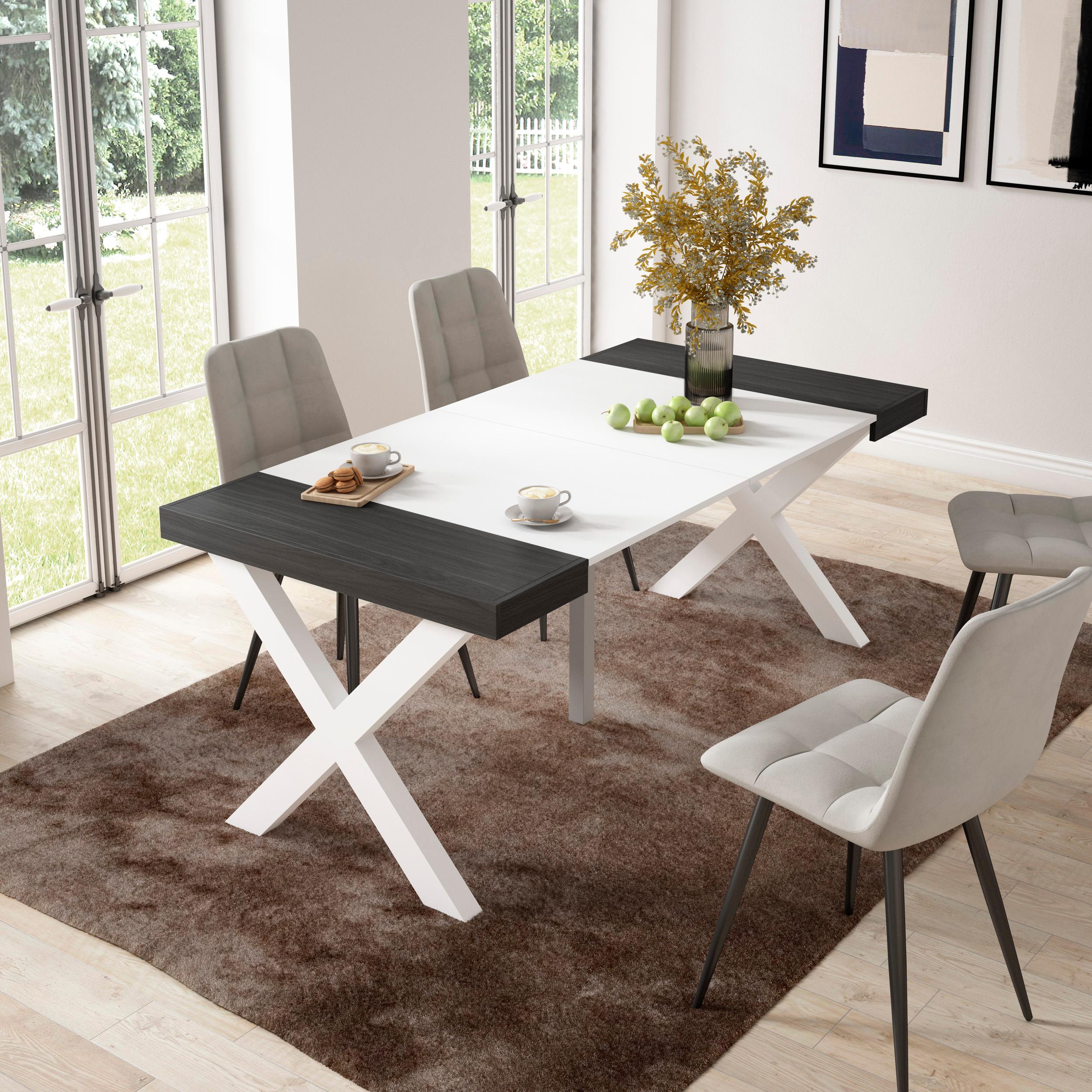 Table console extensible noire & blanche 180 cm – Jusqu’à 8 personnes – Pieds en bois massif blancs en X