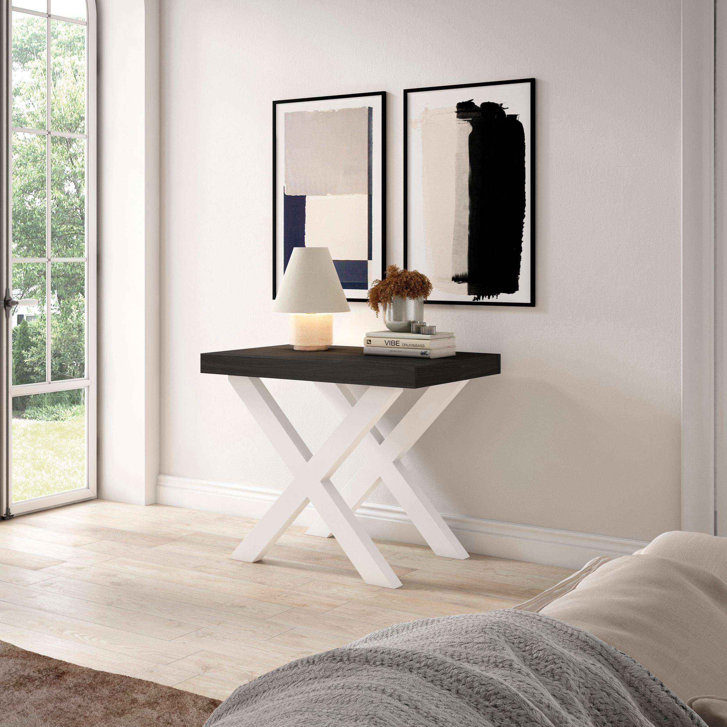 Table console extensible noire & blanche 180 cm – Jusqu’à 8 personnes – Pieds en bois massif blancs en X