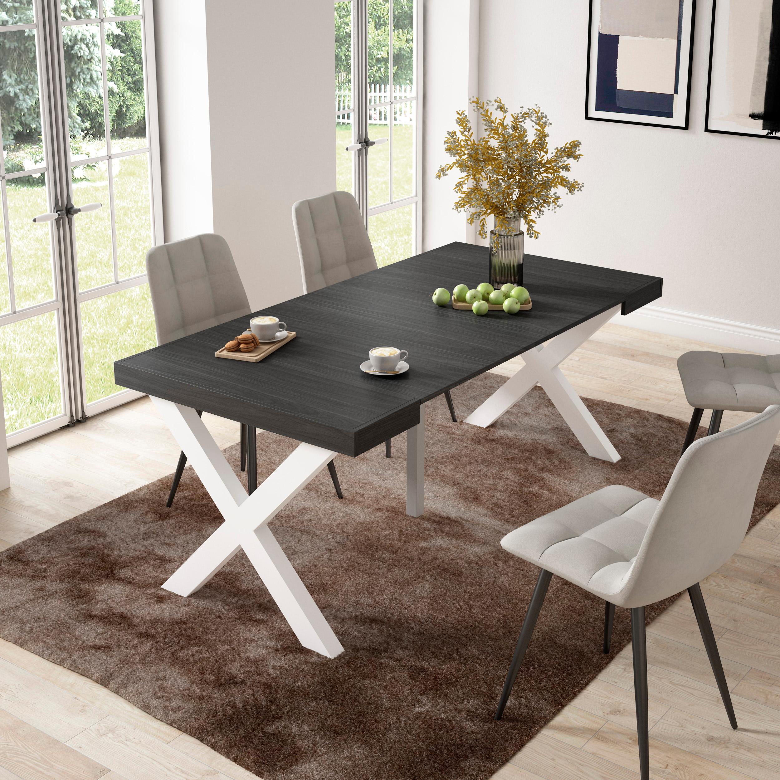 Table console extensible noire 180 cm – Jusqu’à 8 personnes – Pieds en bois massif blancs en croix
