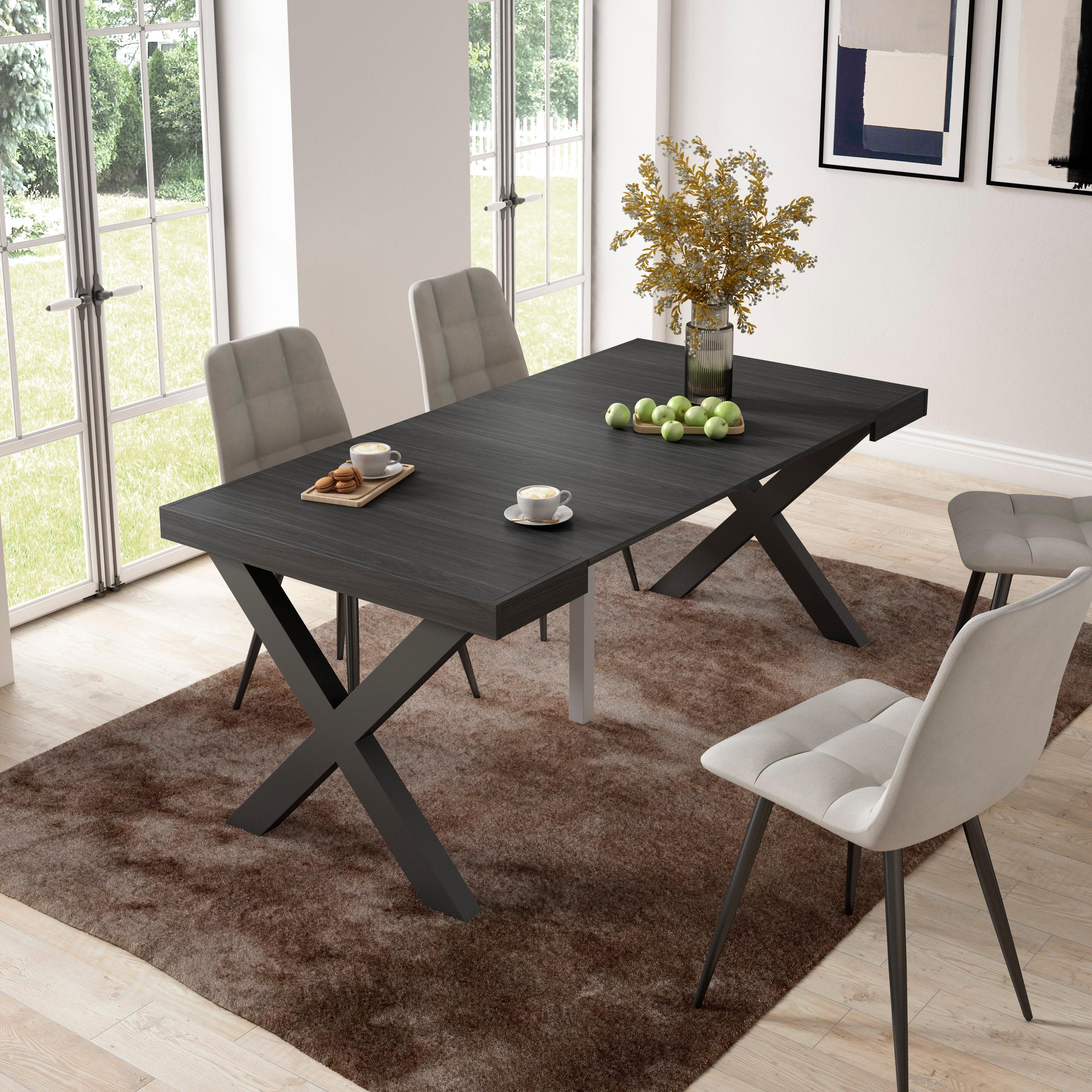Table console extensible noire 180 cm – Jusqu’à 8 personnes – Pieds en bois massif noirs en croix