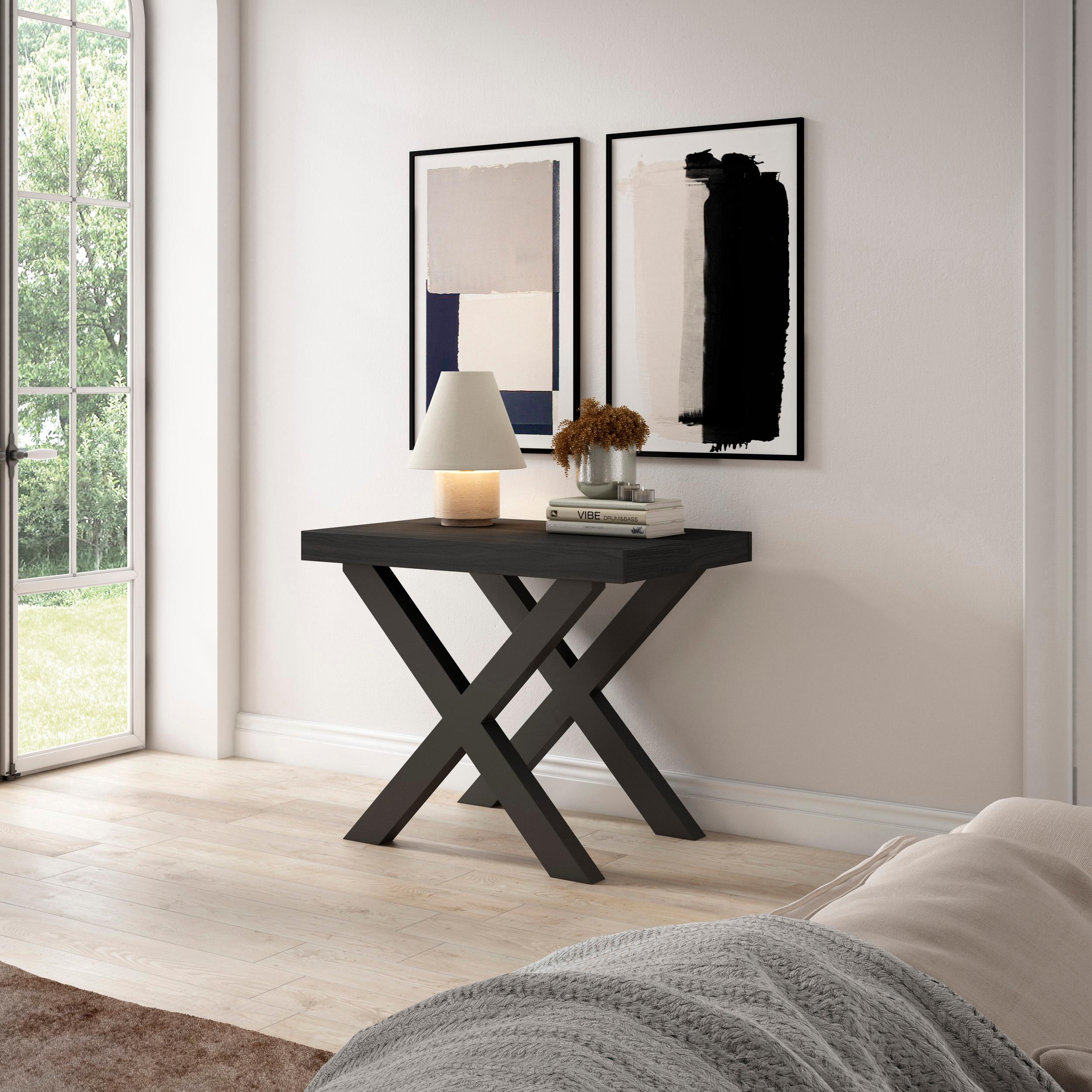 Table console extensible noire 180 cm – Jusqu’à 8 personnes – Pieds en bois massif noirs en croix