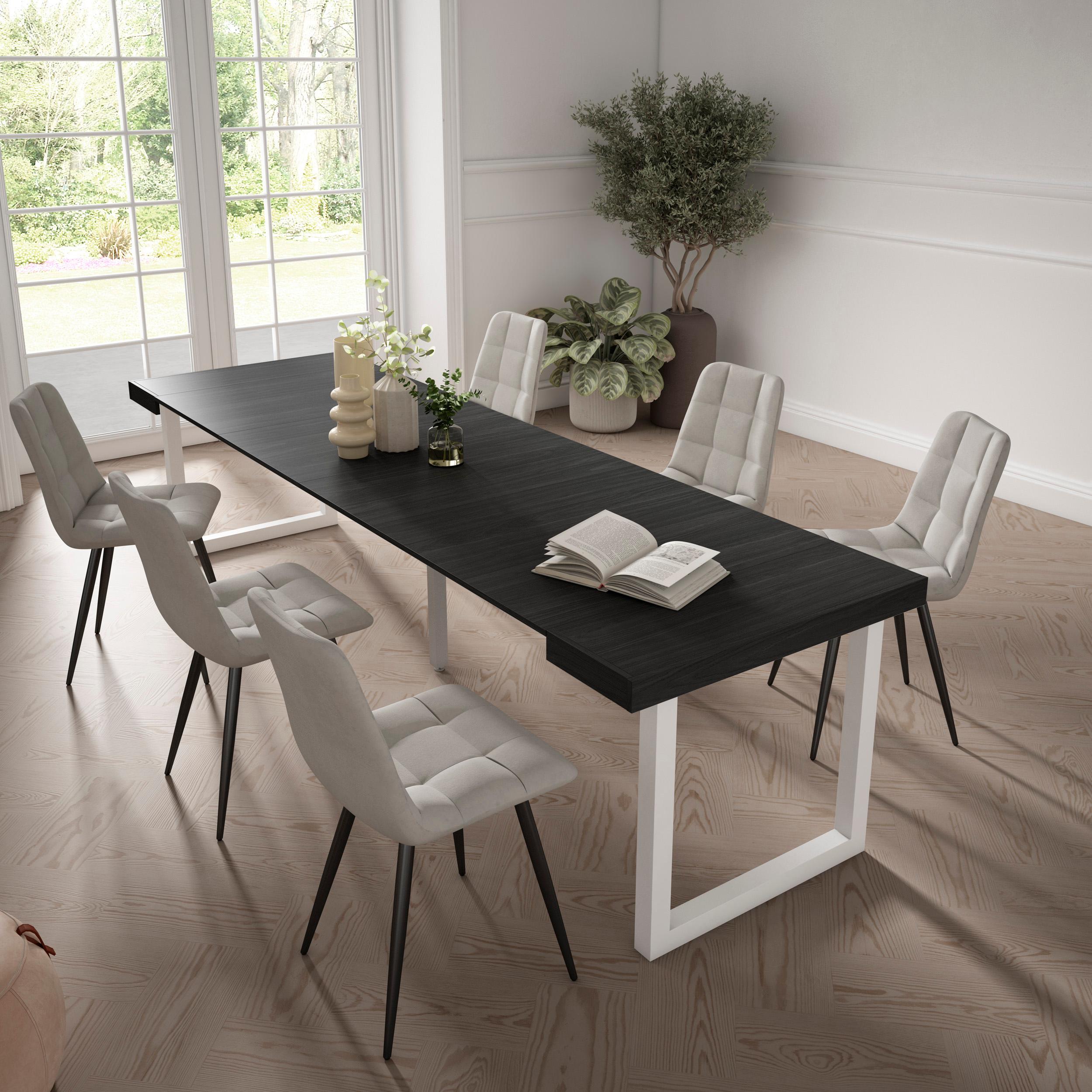 Table console extensible noire 300 cm – Jusqu’à 14 personnes – Pieds en bois massif blancs en U