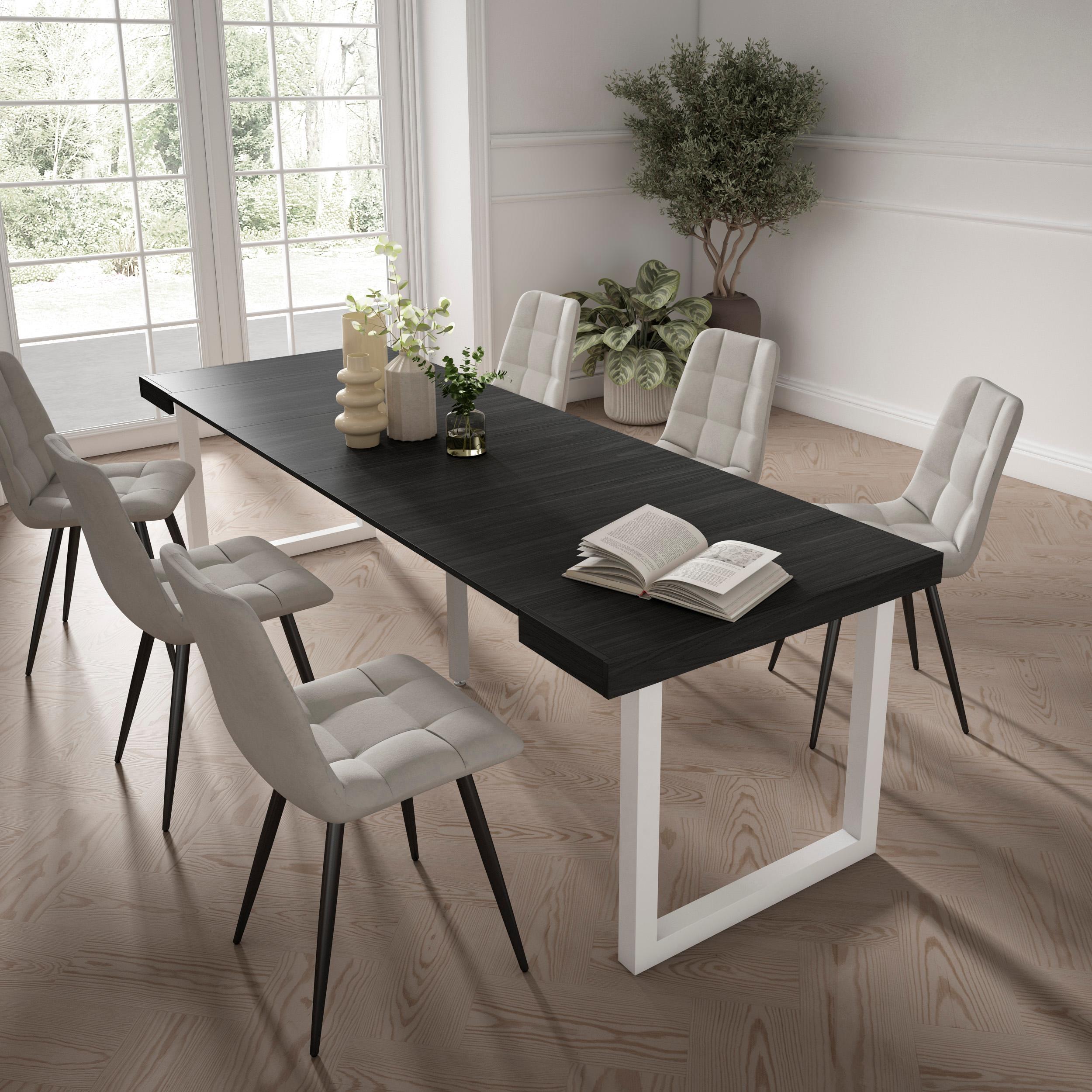 Table console extensible noire 260 cm – Jusqu’à 12 personnes – Pieds en bois massif blancs en U