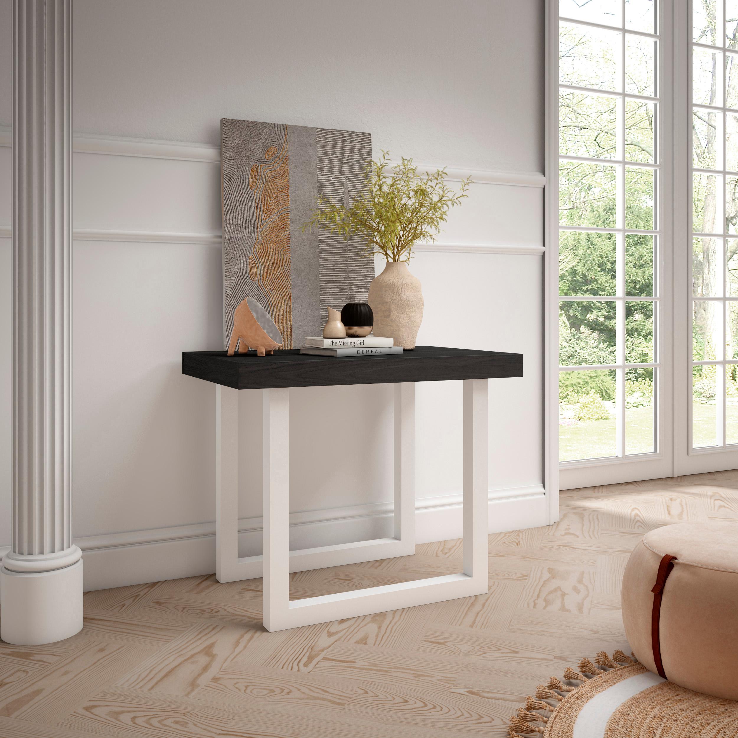 Table console extensible noire 260 cm – Jusqu’à 12 personnes – Pieds en bois massif blancs en U