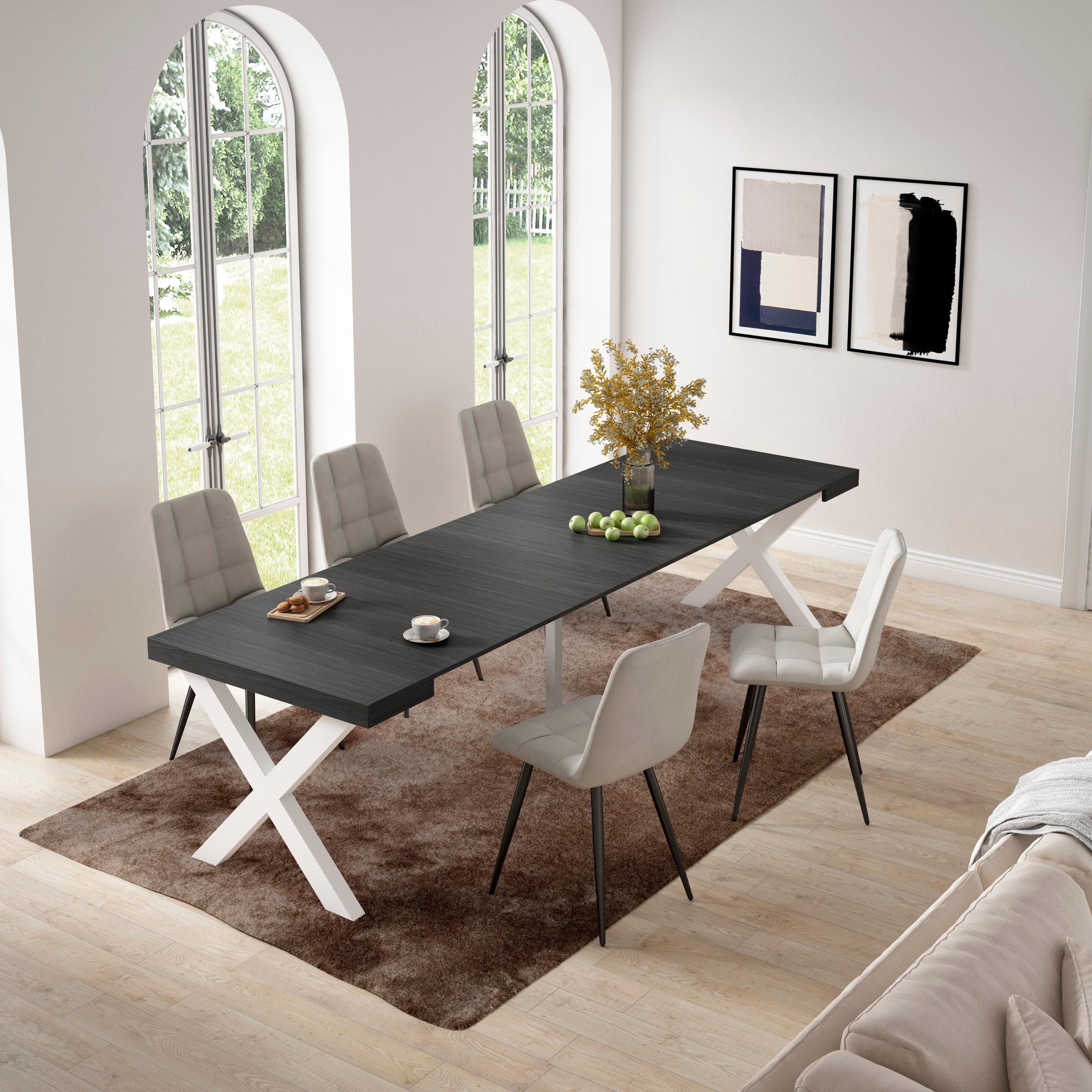 Table console extensible noire 300 cm – Jusqu’à 14 personnes – Pieds en bois massif blancs en croix