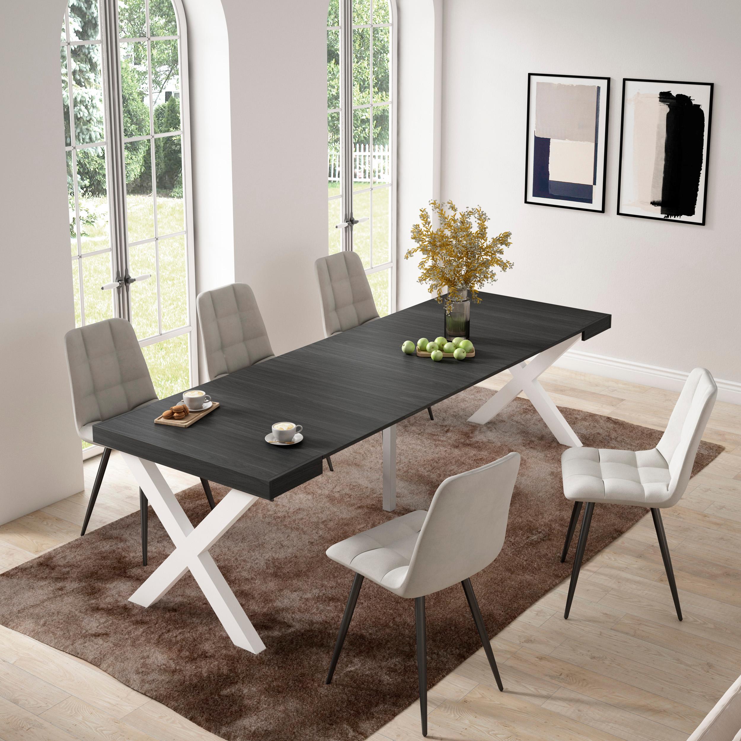 Table console extensible noire 260 cm – Jusqu’à 12 personnes – Pieds en bois massif blancs en croix