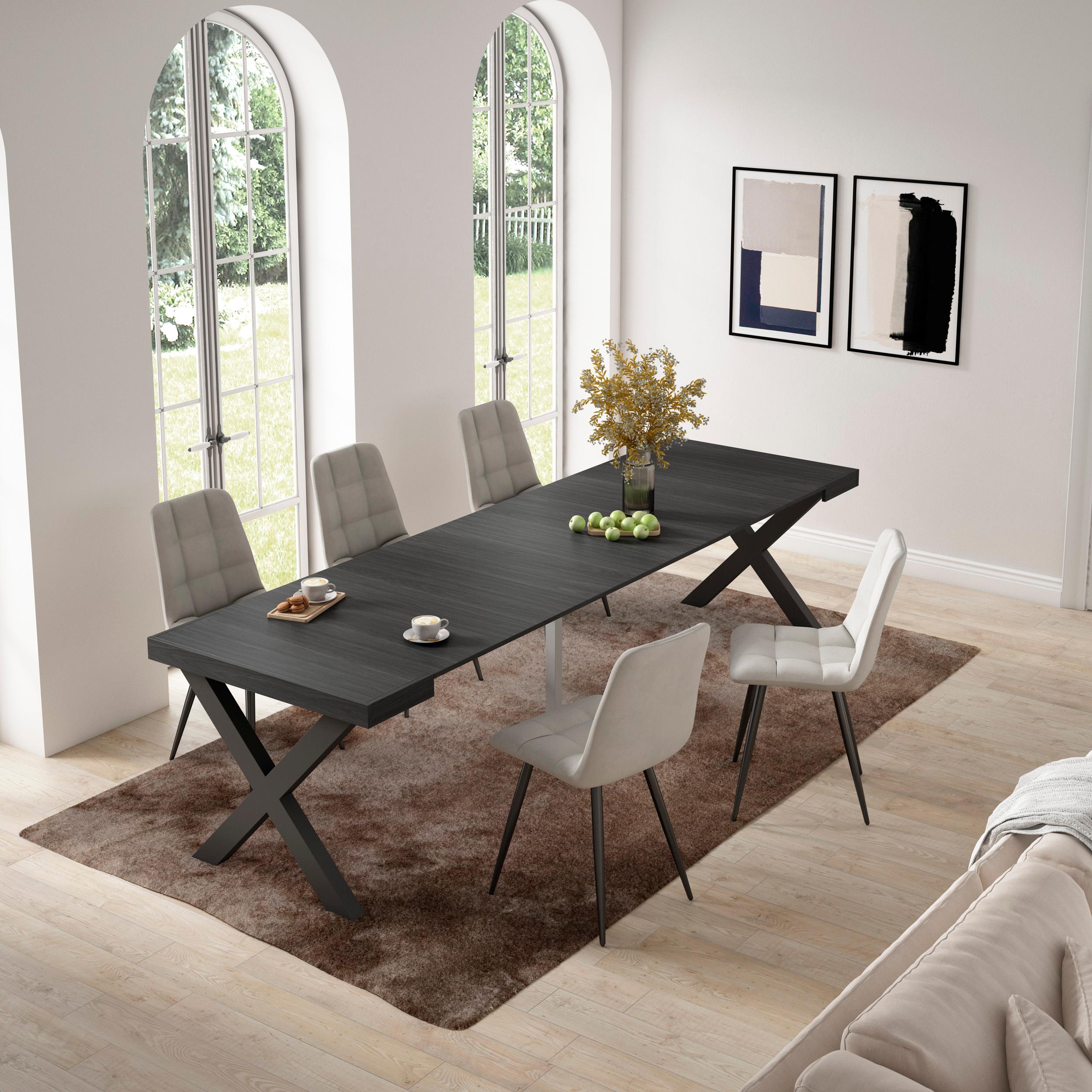 Table console extensible noire 300 cm – Jusqu’à 14 personnes – Pieds en bois massif noirs en croix