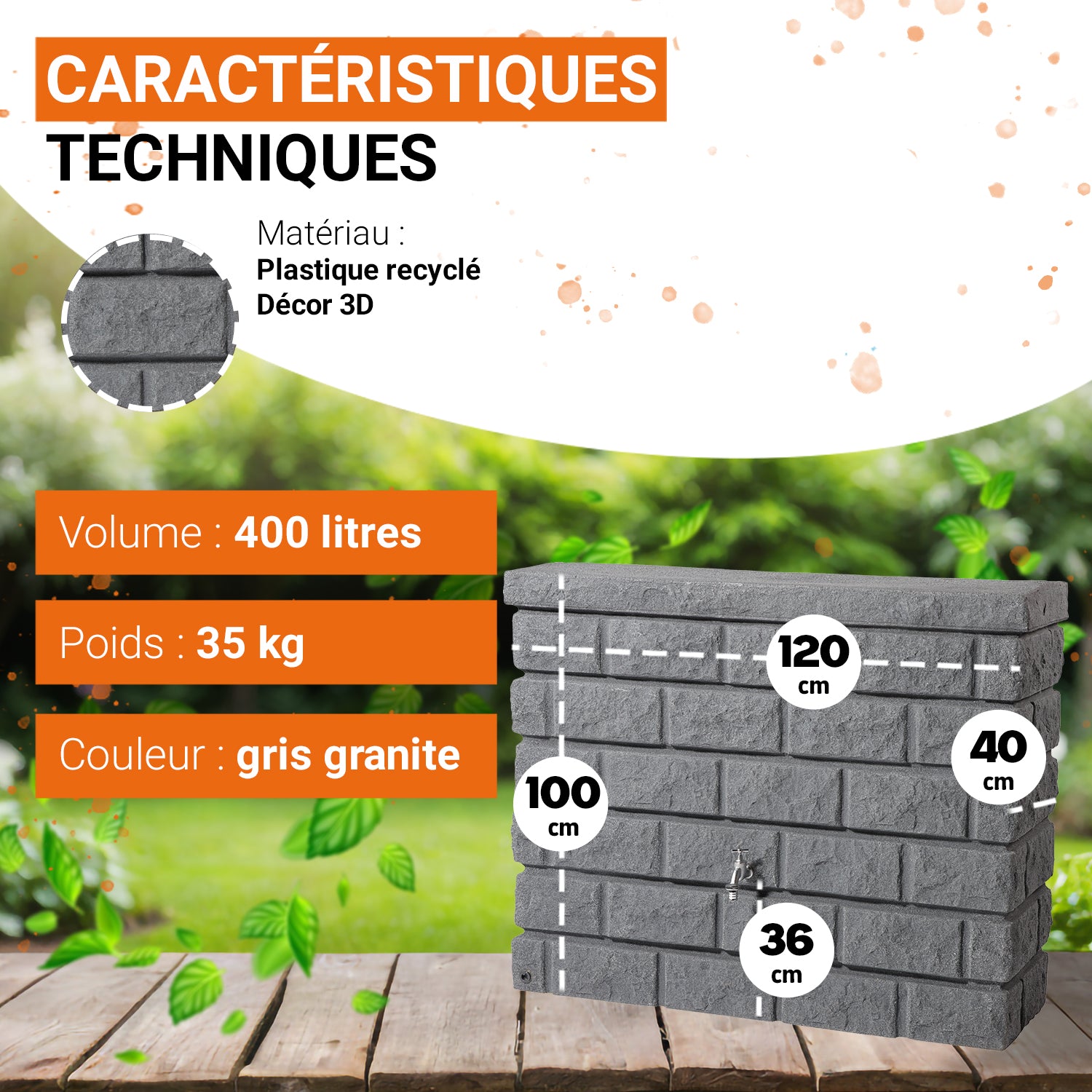Réservoir mural Rocky 400 L, gris granit