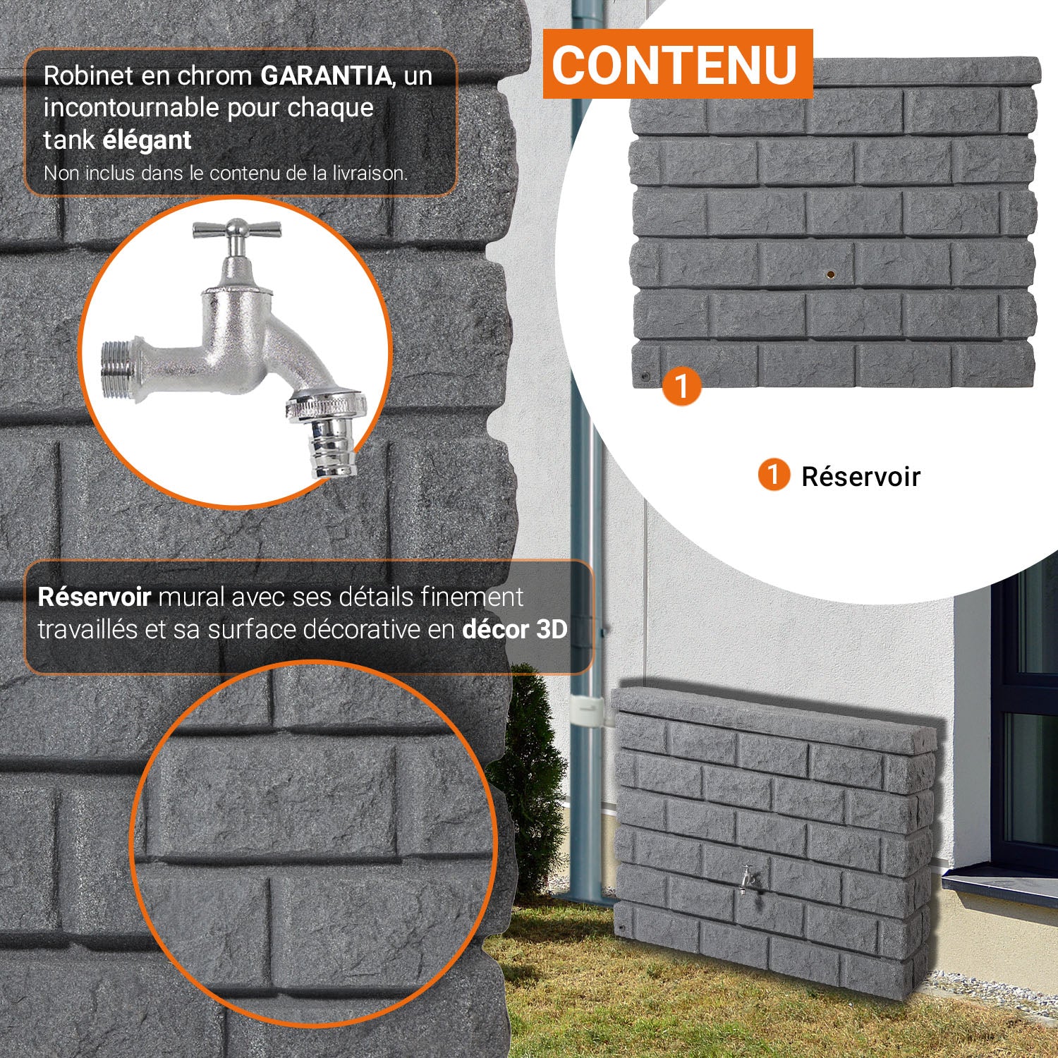 Réservoir mural Rocky 400 L, gris granit