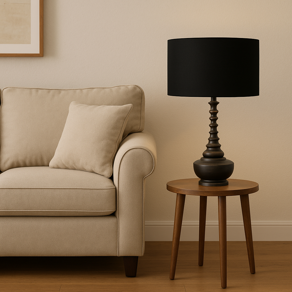 Lampe de table base en bois avec abat-jour en lin noir et doré