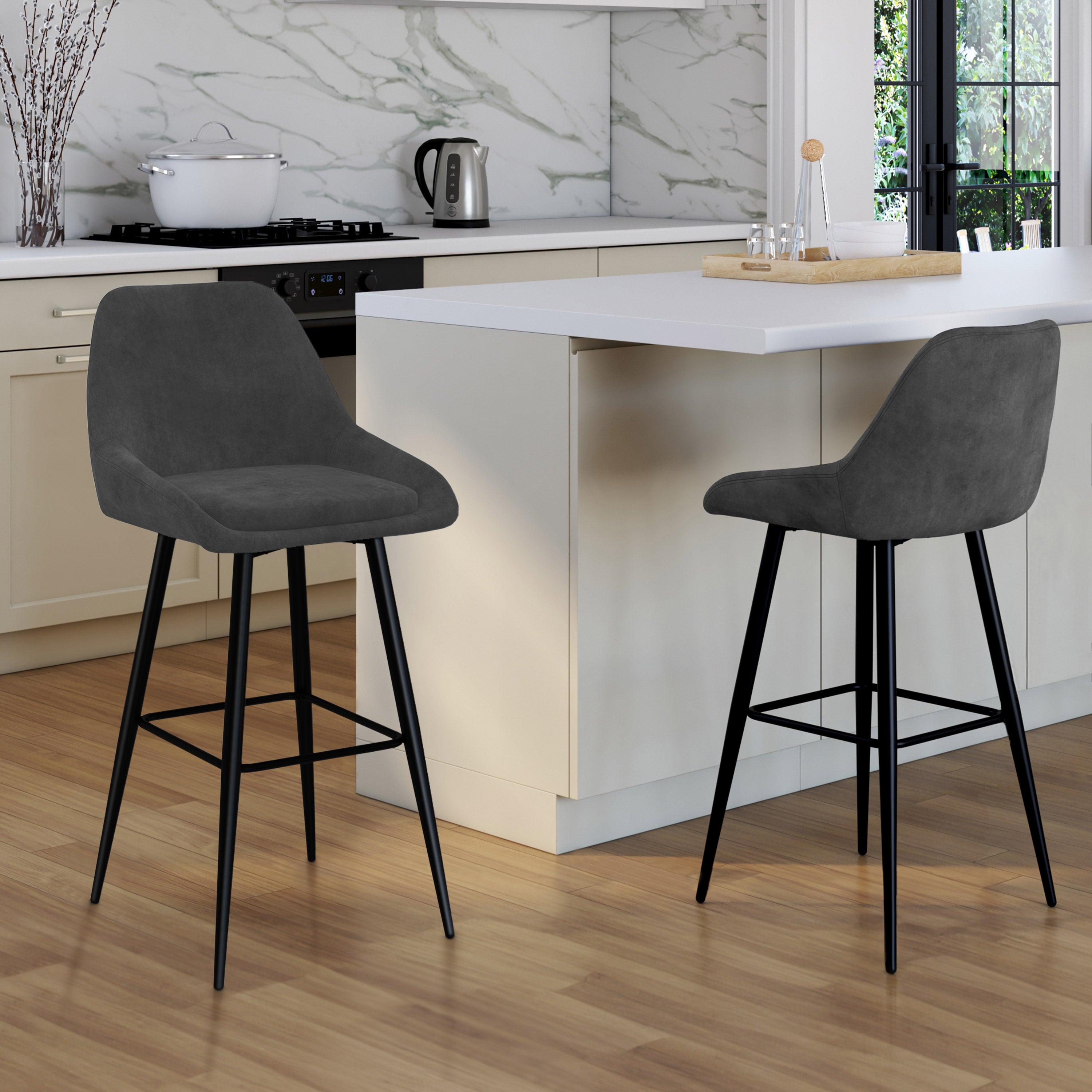 Tabourets de bar Olivia assise velours gris foncé et pieds métal - lot de 2