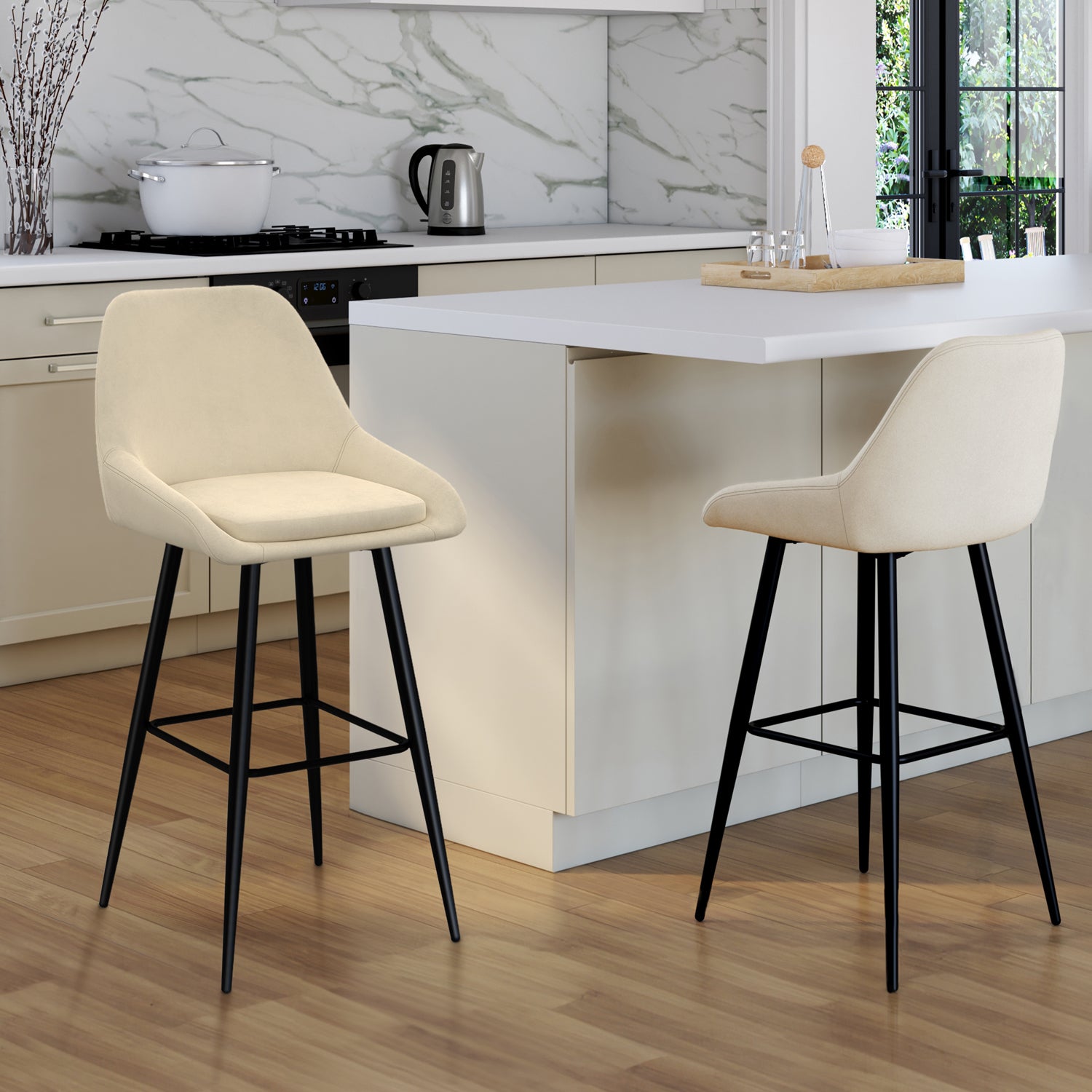 Tabourets de bar Olivia assise velours crème et pieds métal - lot de 2