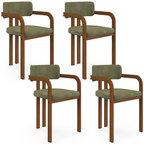 Chaises Elsa avec accoudoirs tissu chenille vert pieds effet noyer - lot de 4