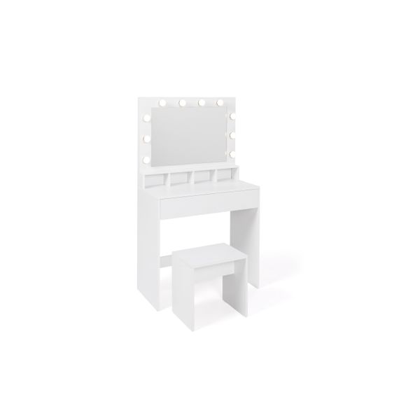 Coiffeuse Zita blanche avec miroir LED, 4 niches, 1 tiroir et 1 tabouret