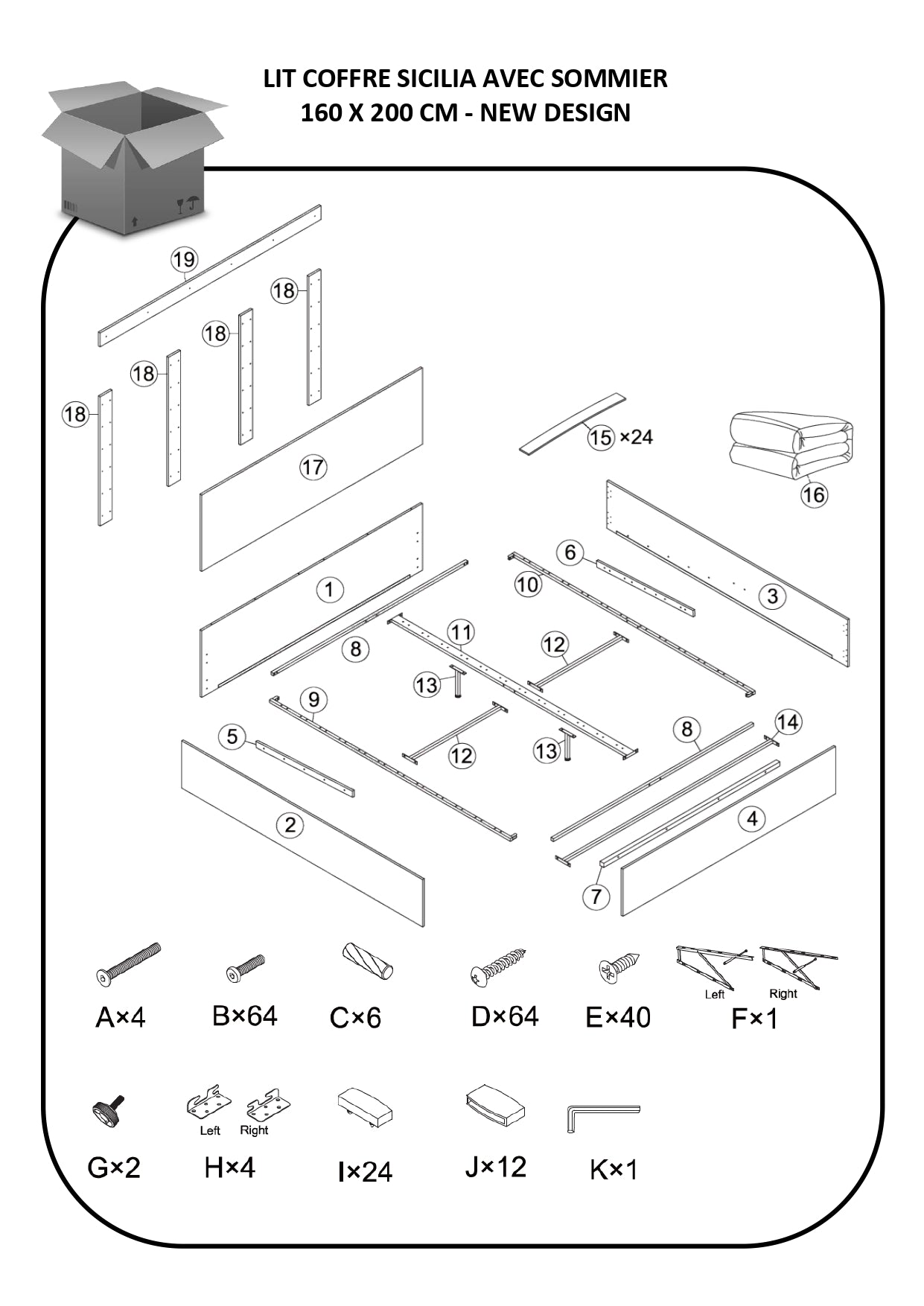 Lit coffre Sicilia avec sommier et tête de lit effet bois 160x200cm