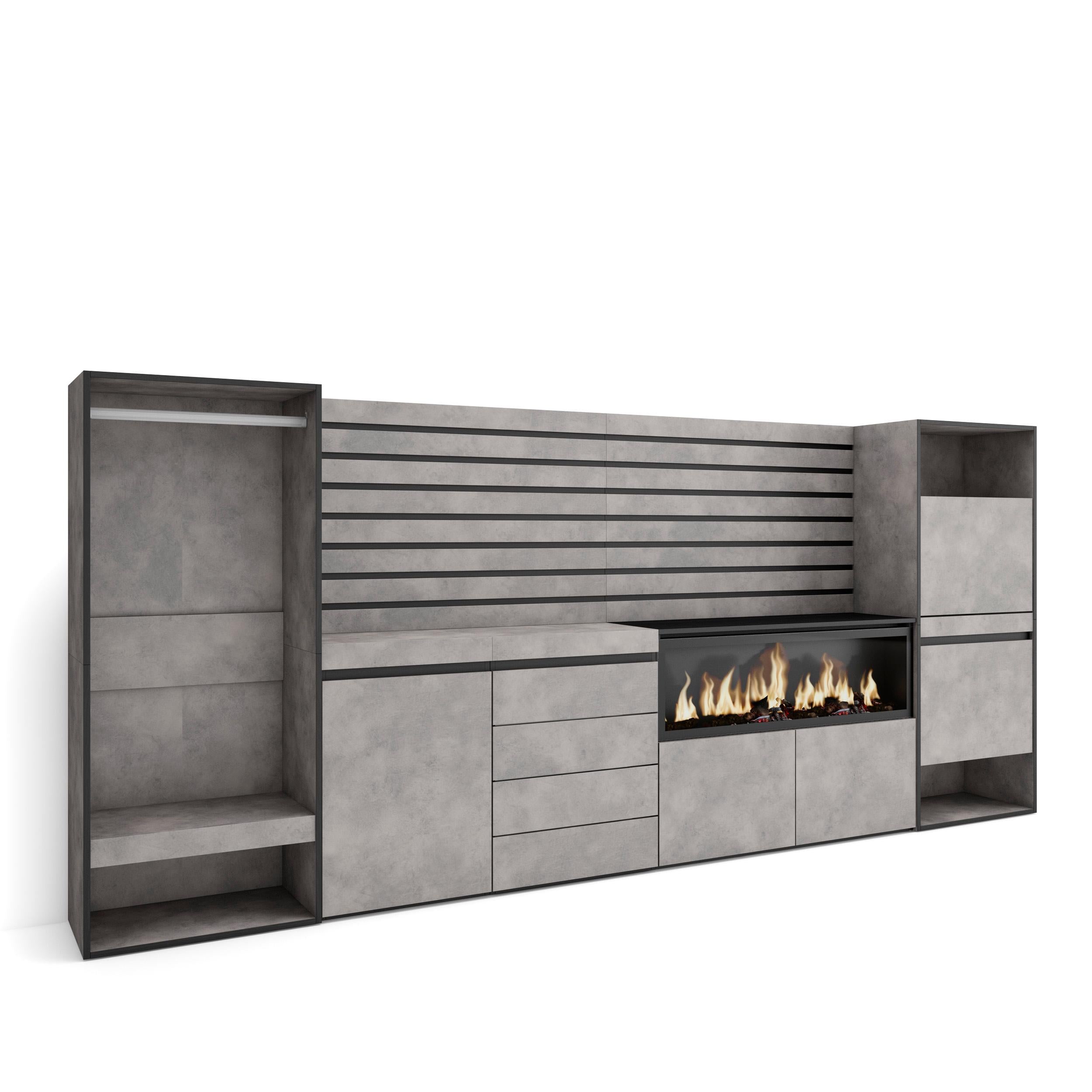 Vestiaire & Meuble TV avec cheminée LED XXL - 334x145x35 cm - Ciment