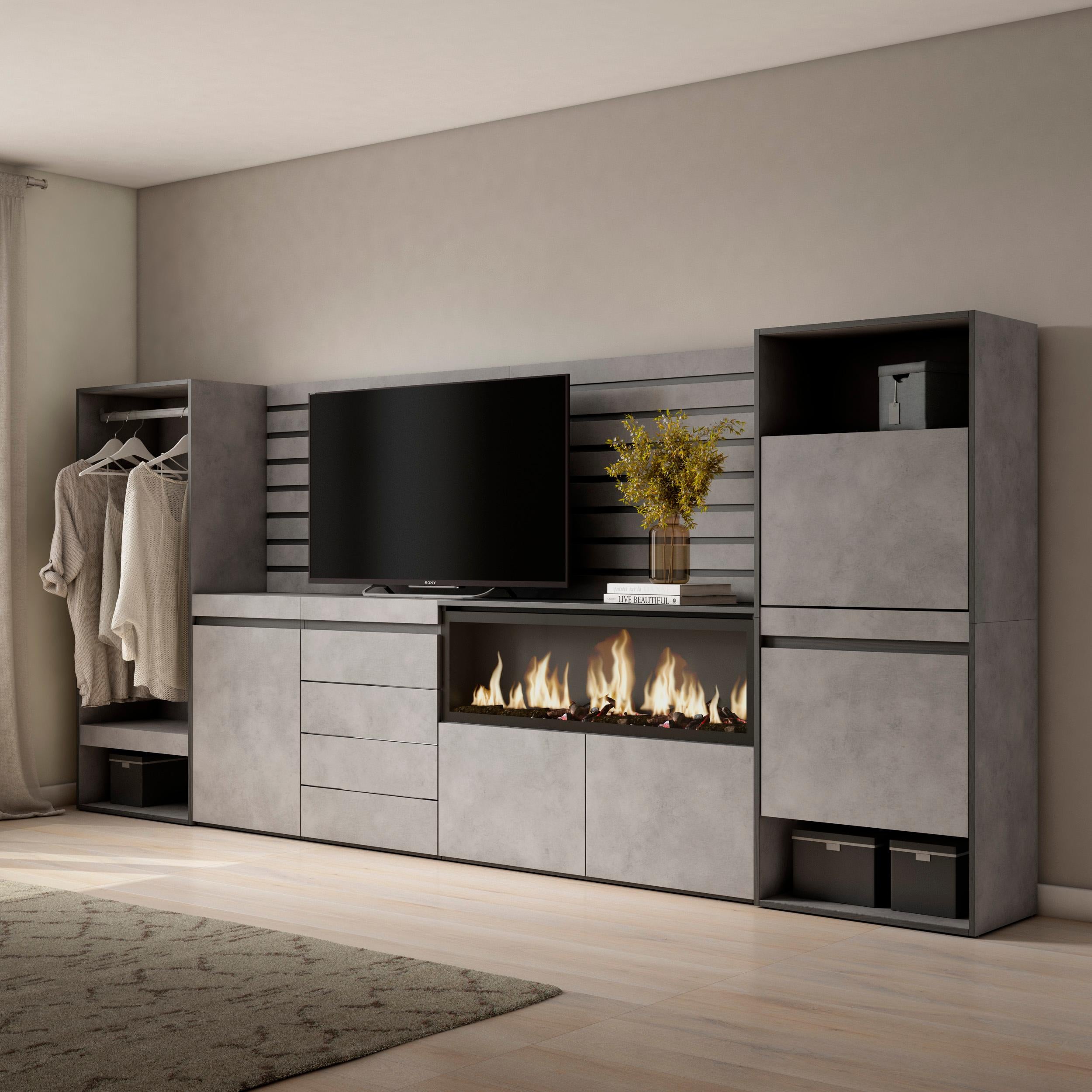 Vestiaire & Meuble TV avec cheminée LED XXL - 334x145x35 cm - Ciment