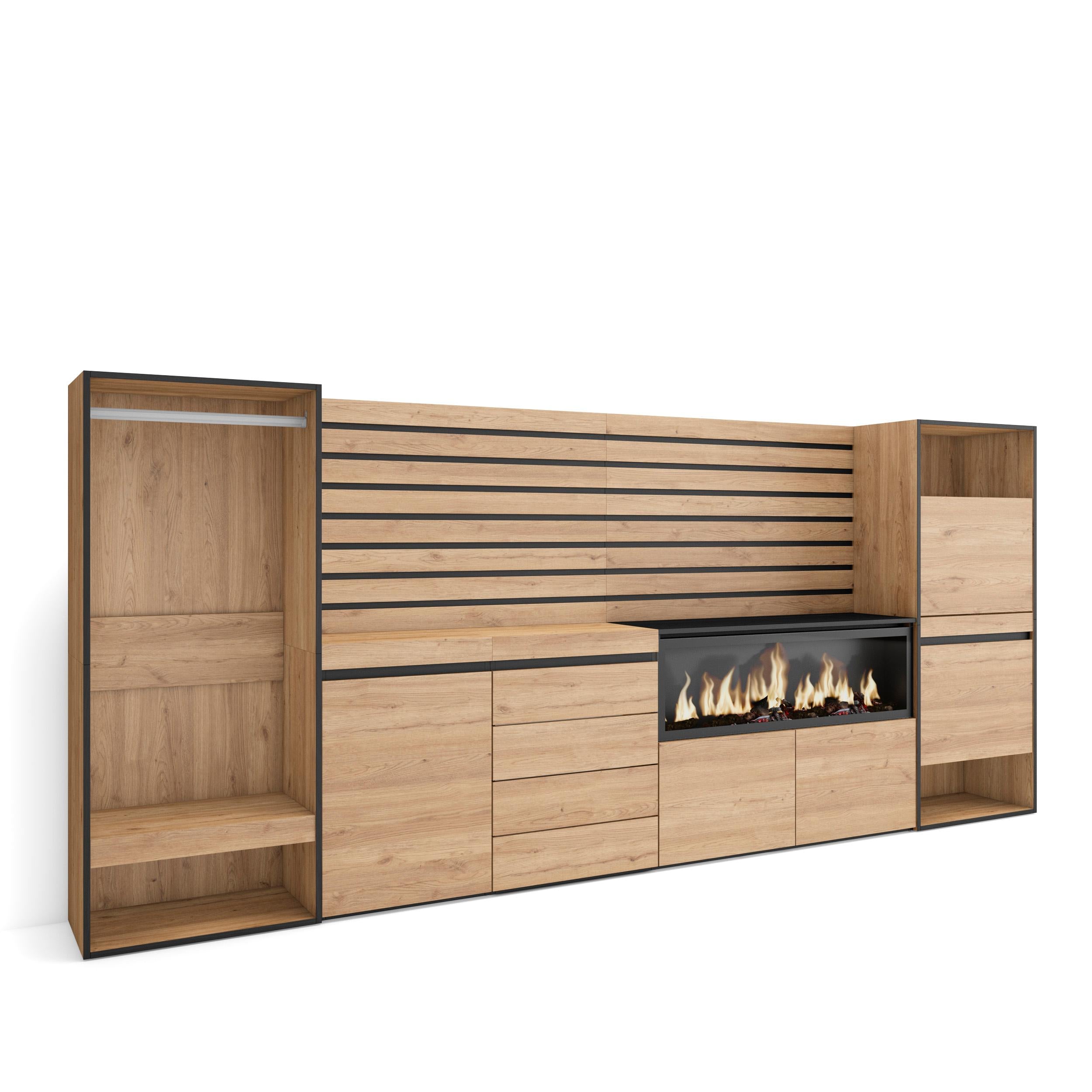 Vestiaire & Meuble TV avec cheminée LED XXL - 334x145x35 cm - Chêne & noir