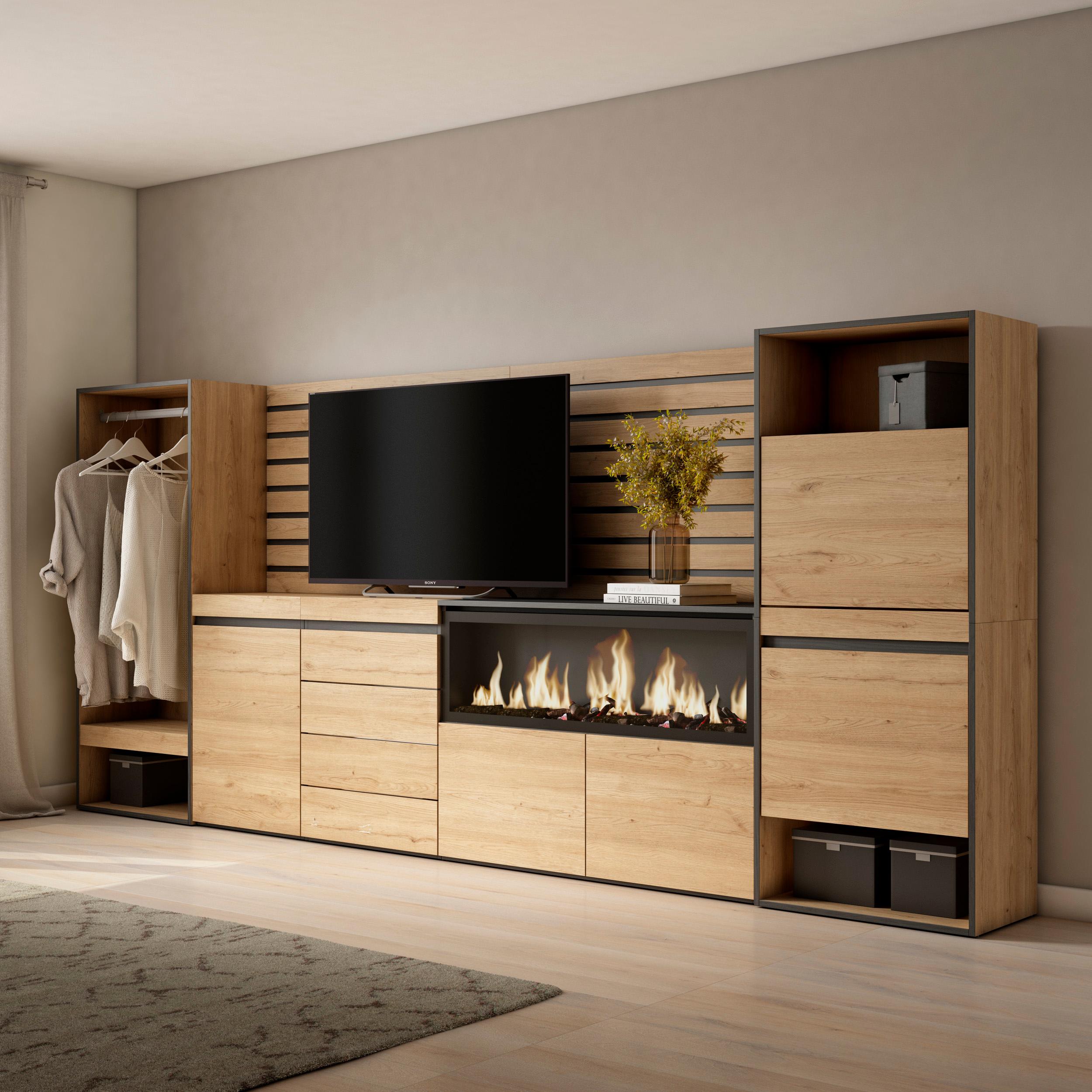 Vestiaire & Meuble TV avec cheminée LED XXL - 334x145x35 cm - Chêne & noir
