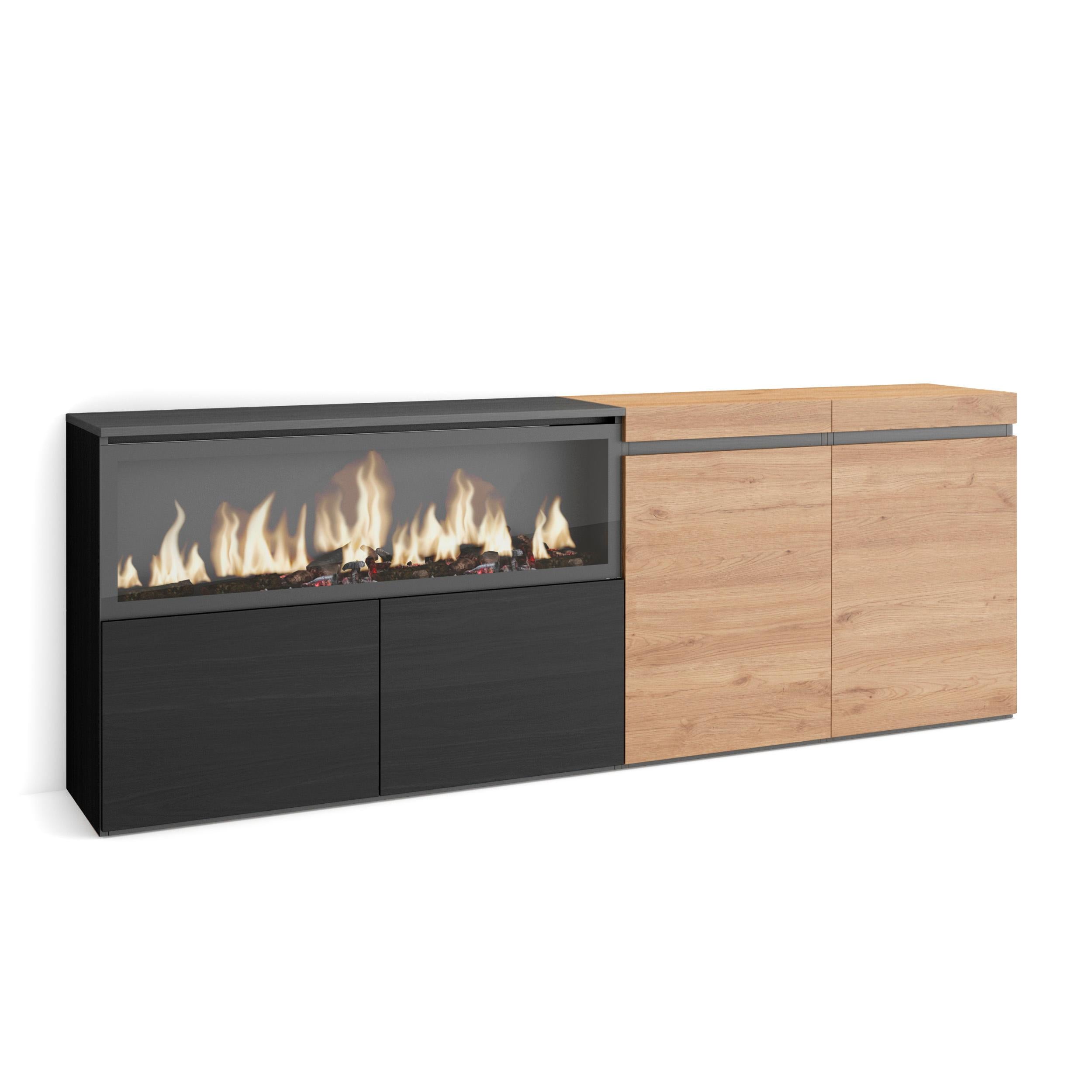 Meuble Buffet Moderne 4 Portes avec Cheminée LED XXL (centrale) – 208x75x35 cm – Chêne & Noir