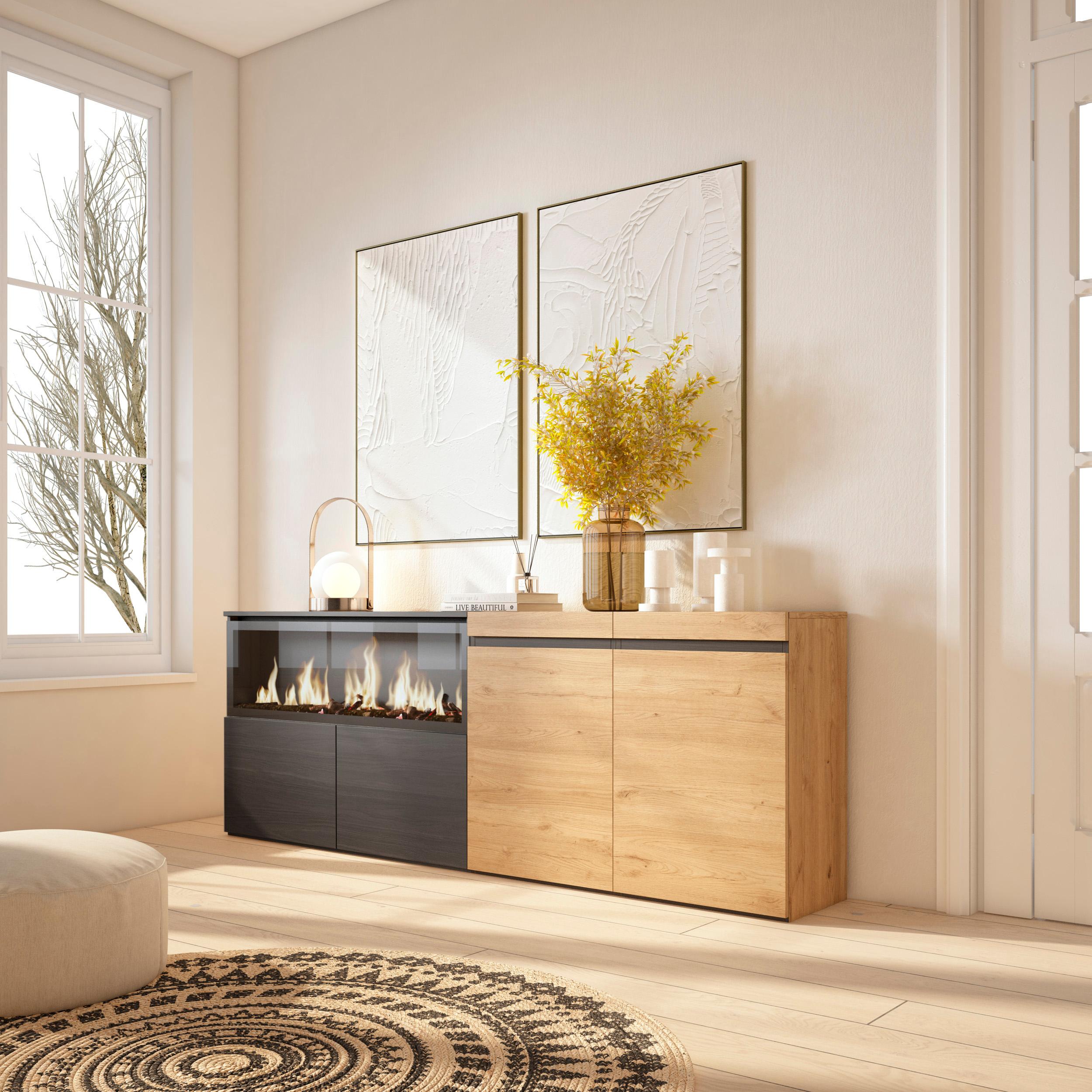 Meuble Buffet Moderne 4 Portes avec Cheminée LED XXL (centrale) – 208x75x35 cm – Chêne & Noir