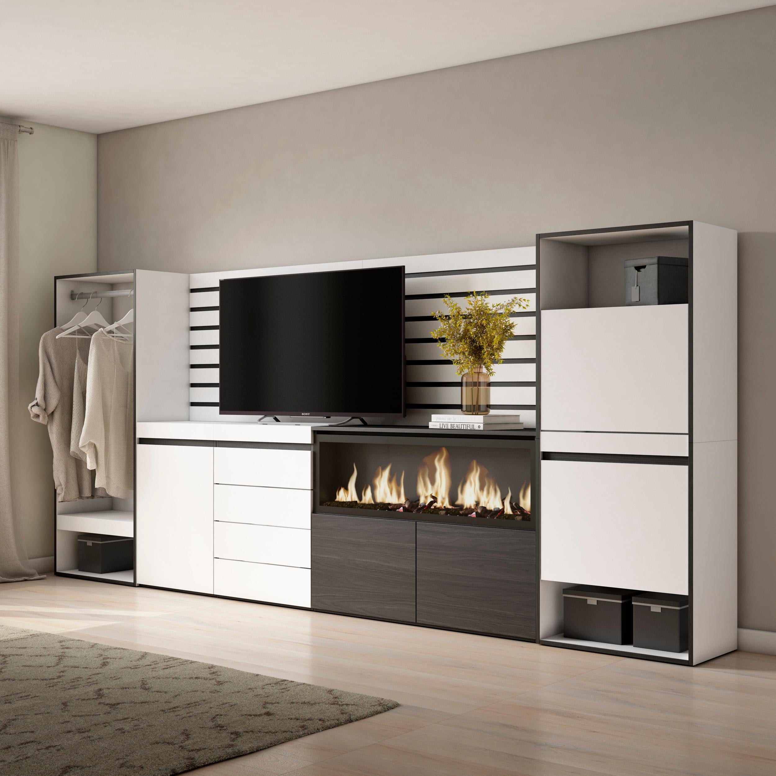 Vestiaire & Meuble TV avec cheminée LED XXL - 334x145x35 cm - Blanc & noir