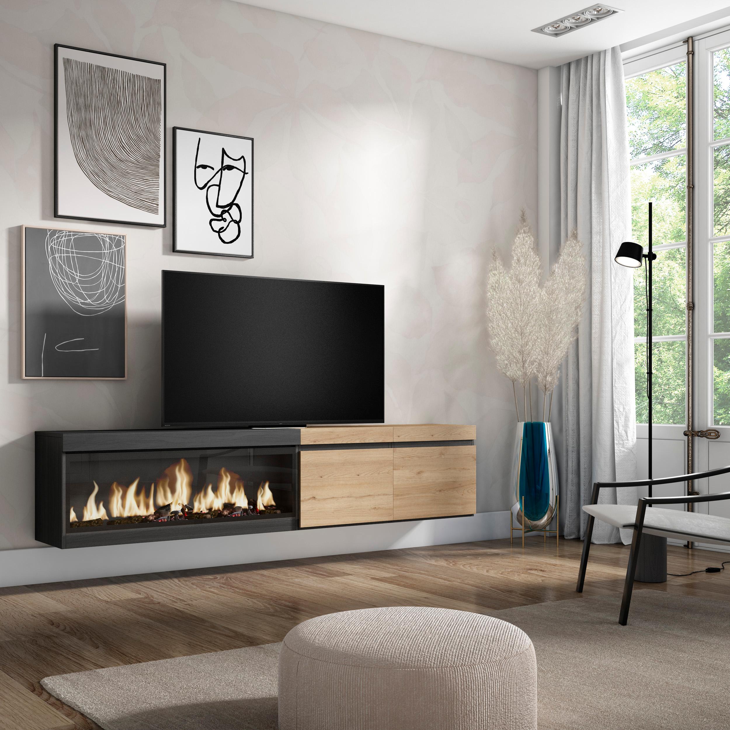 Meuble TV mural avec cheminée LED XXL (côté gauche) - Chêne et noir
