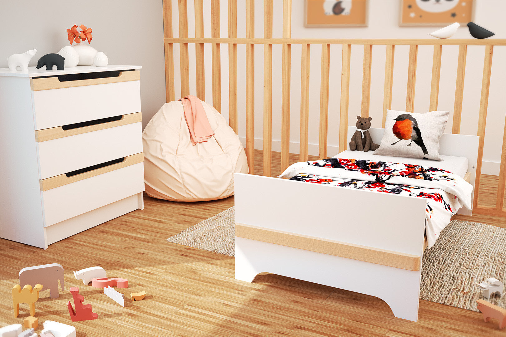 Lit bébé évolutif en bois CARROUSEL Blanc et Hêtre Verni 70 x 140 cm