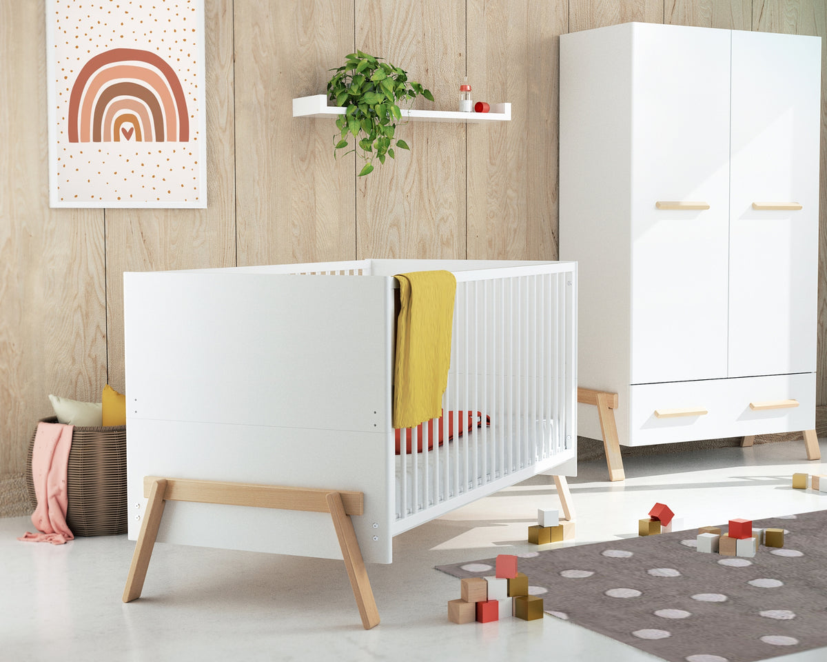 Lit bébé évolutif en bois CANAILLE Blanc et hêtre verni 70 x 140 cm