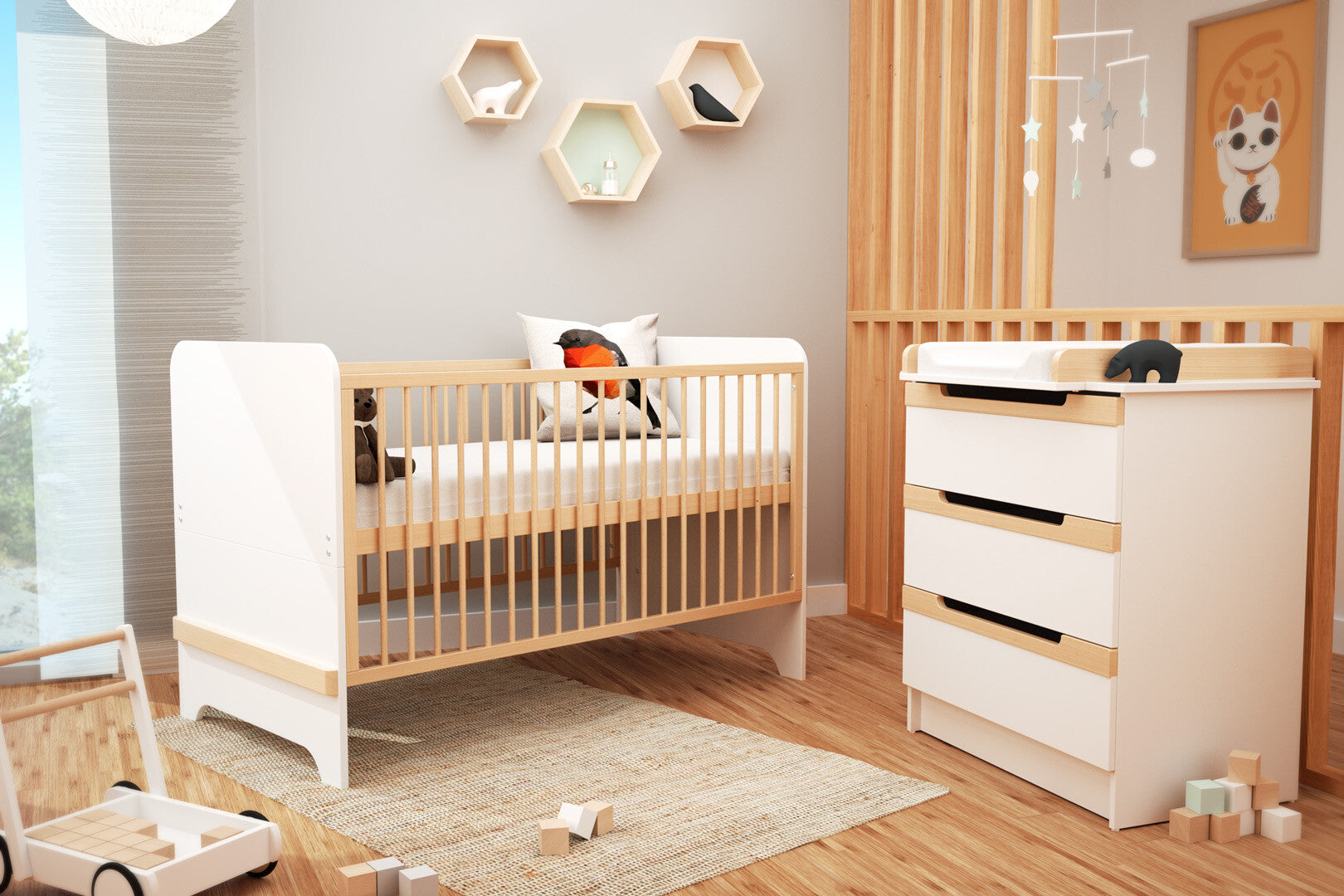 Commode à langer 3 tiroirs en bois CARROUSEL Blanc et Hêtre Verni