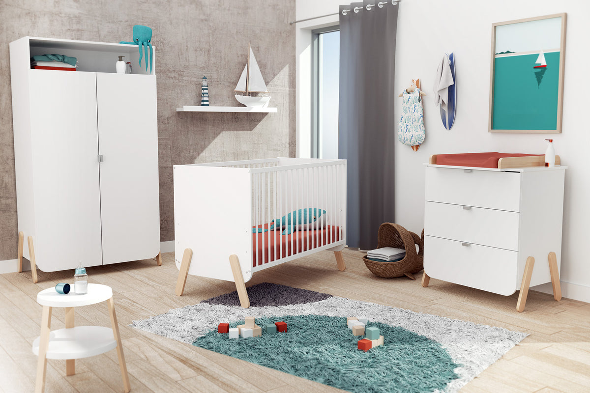 Commode à langer 3 tiroirs en bois PIRATE Blanc et Hêtre