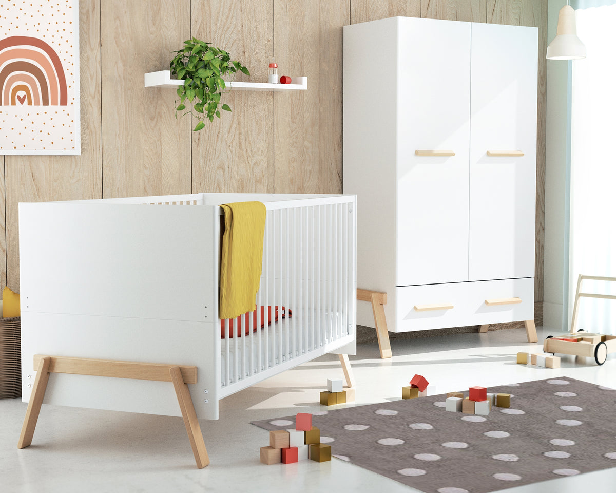 Armoire enfant 2 portes en bois CANAILLE Blanc et Hêtre 108 x 53 x176 cm
