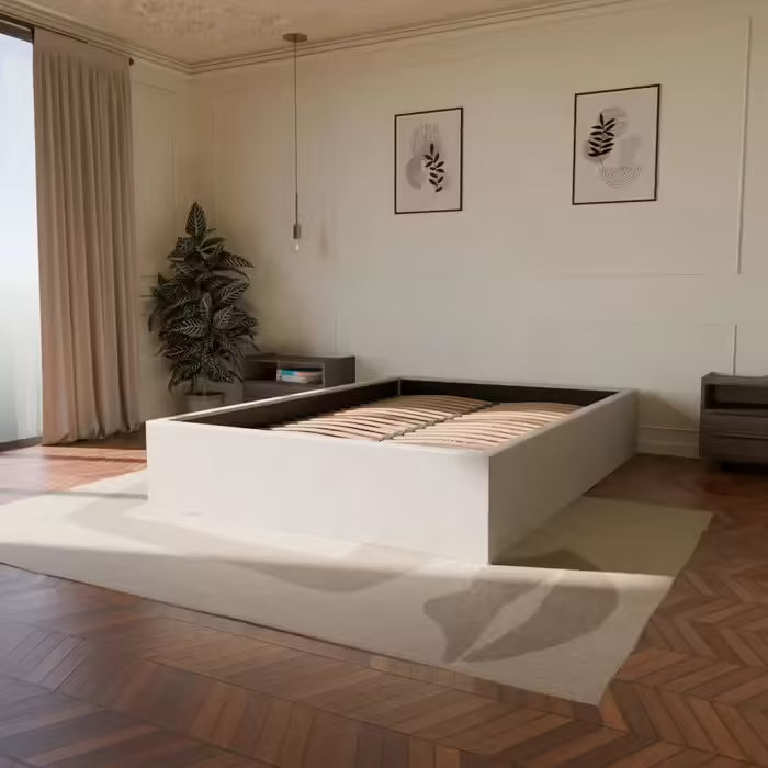 Lit coffre avec Tête - Blanc Cassé - Tissu Bouclé - Emma