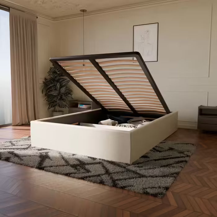 Lit coffre avec Tête - Beige - Tissu Bouclé - Emma