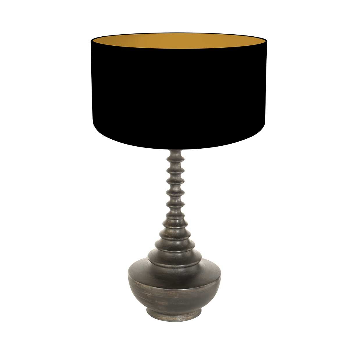 Lampe de table base en bois avec abat-jour en lin noir et doré