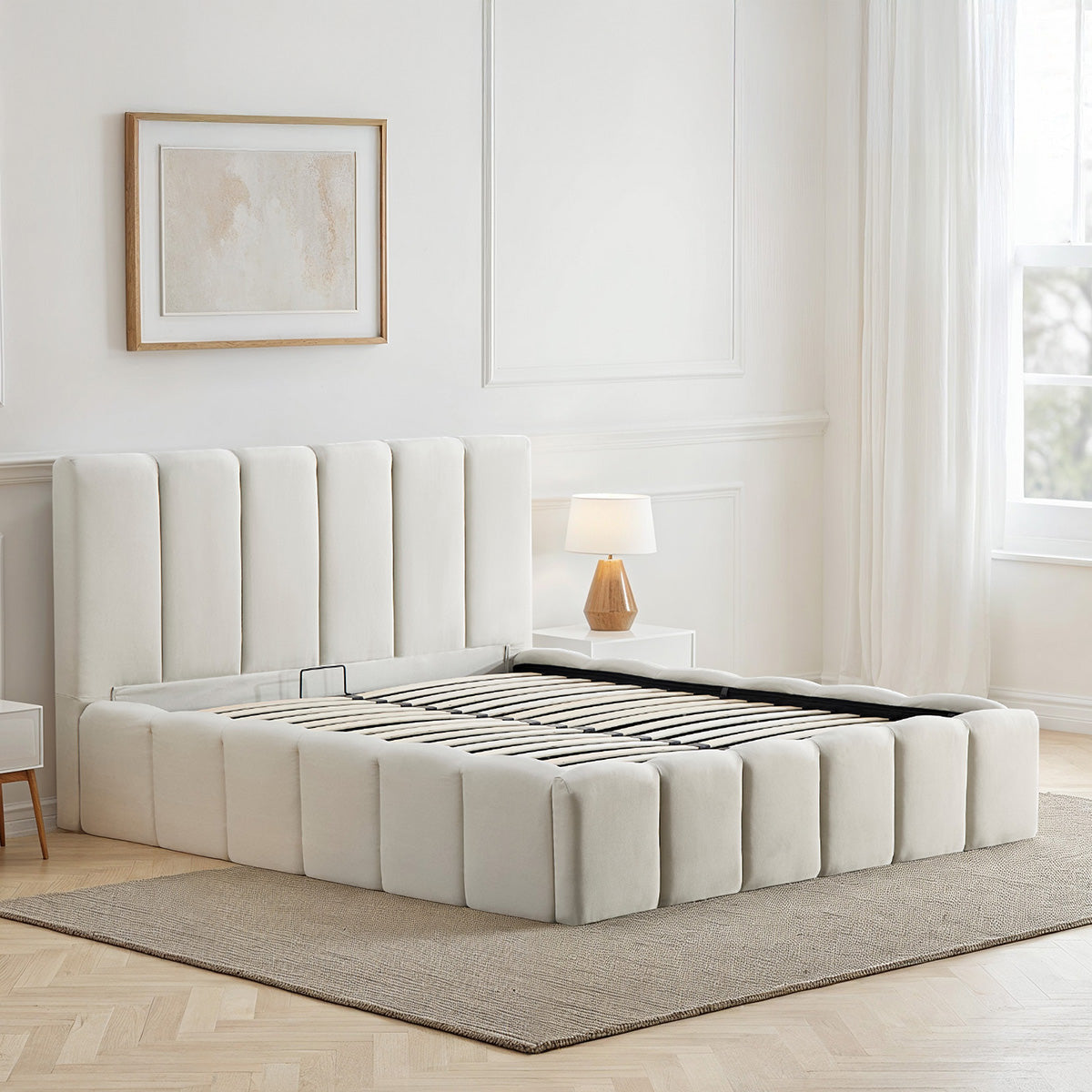 Lit coffre beige Madeleine avec  tête de lit 160x200 cm